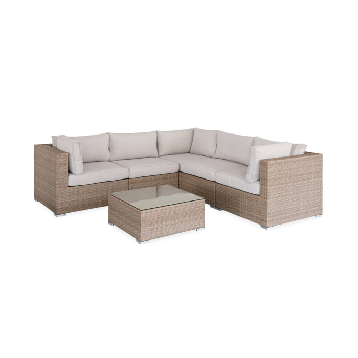 Salon de jardin en résine tressée - Napoli - Beige. Coussins Beige - 5 places - 2 fauteuils sans accoudoir. 3 fauteuils d'angle. une table basse