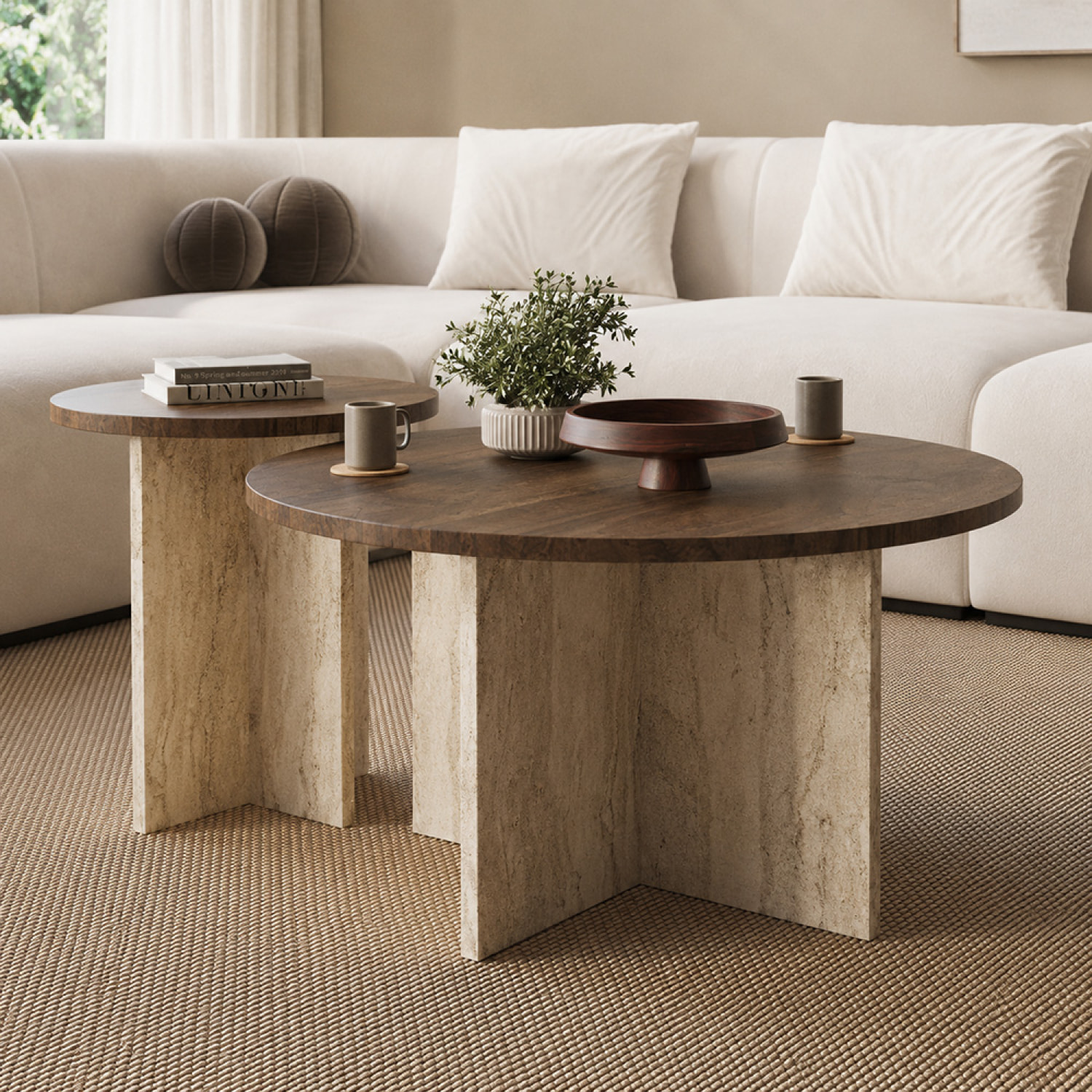 Ensemble de 2 tables basses rondes effet noyer et travertin BLISS