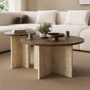 Ensemble de 2 tables basses rondes effet noyer et travertin BLISS