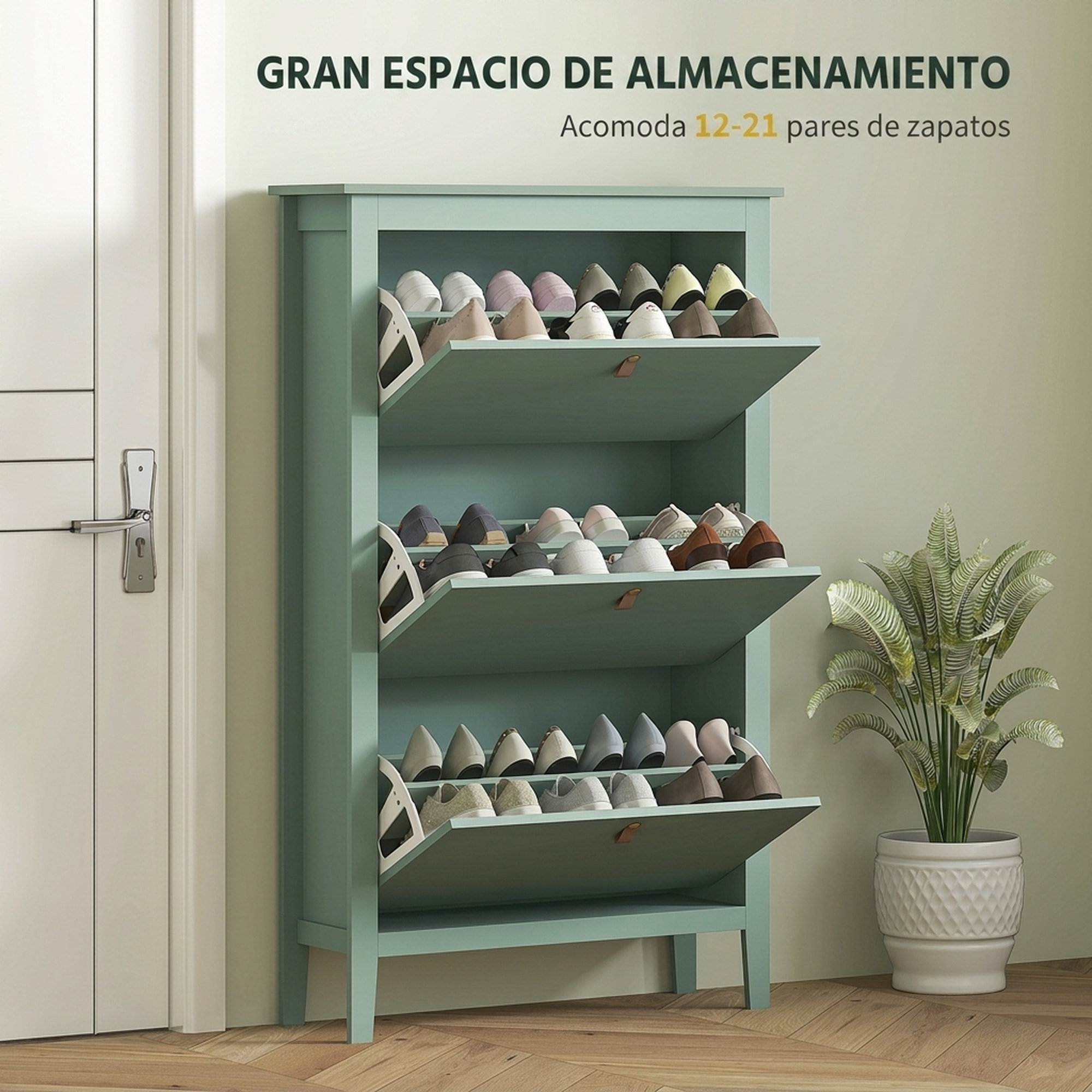 HOMCOM Zapatero Estrecho 3 Puertas, Zapatero Entrada Recibidor, Estantes Ajustables, Tiradores de PU, para 21 Pares de Zapatos, para Pasillo, Espacios Reducidos, 80x24x131 cm, Verde Claro