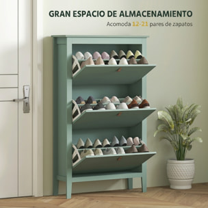 HOMCOM Zapatero Estrecho 3 Puertas, Zapatero Entrada Recibidor, Estantes Ajustables, Tiradores de PU, para 21 Pares de Zapatos, para Pasillo, Espacios Reducidos, 80x24x131 cm, Verde Claro