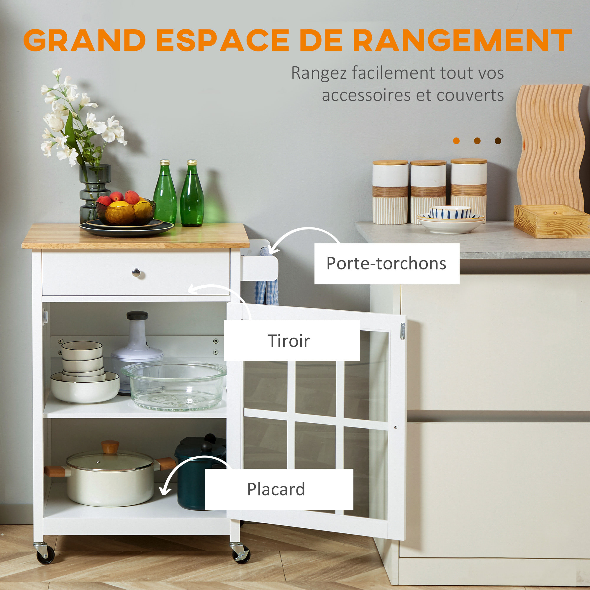 Desserte de cuisine à roulettes multi-rangement - placard porte vitrée avec étagère réglable, tiroir, porte-torchon - blanc aspect chêne clair