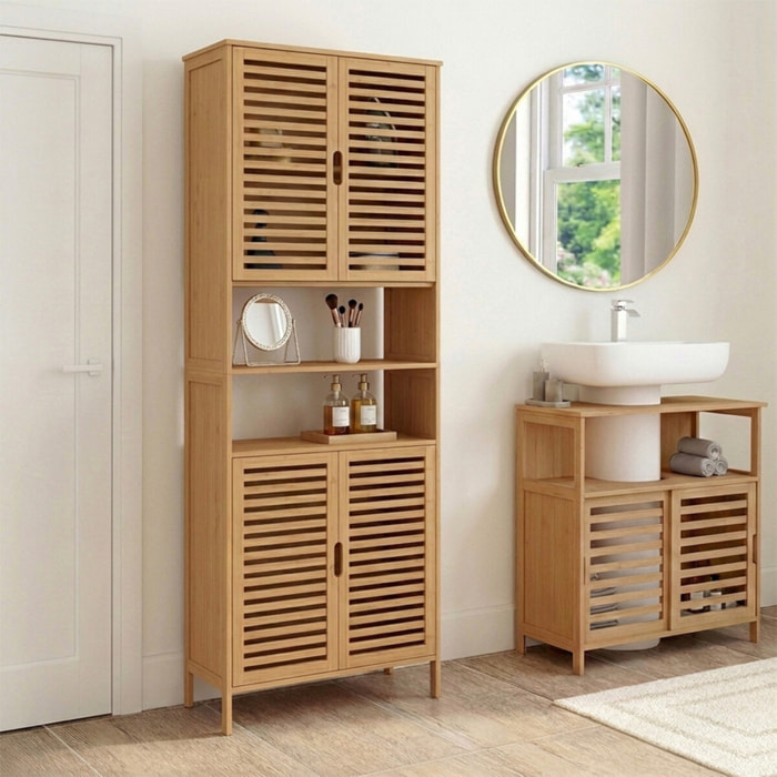 Armoire salle de bain Maya bambou 4 portes