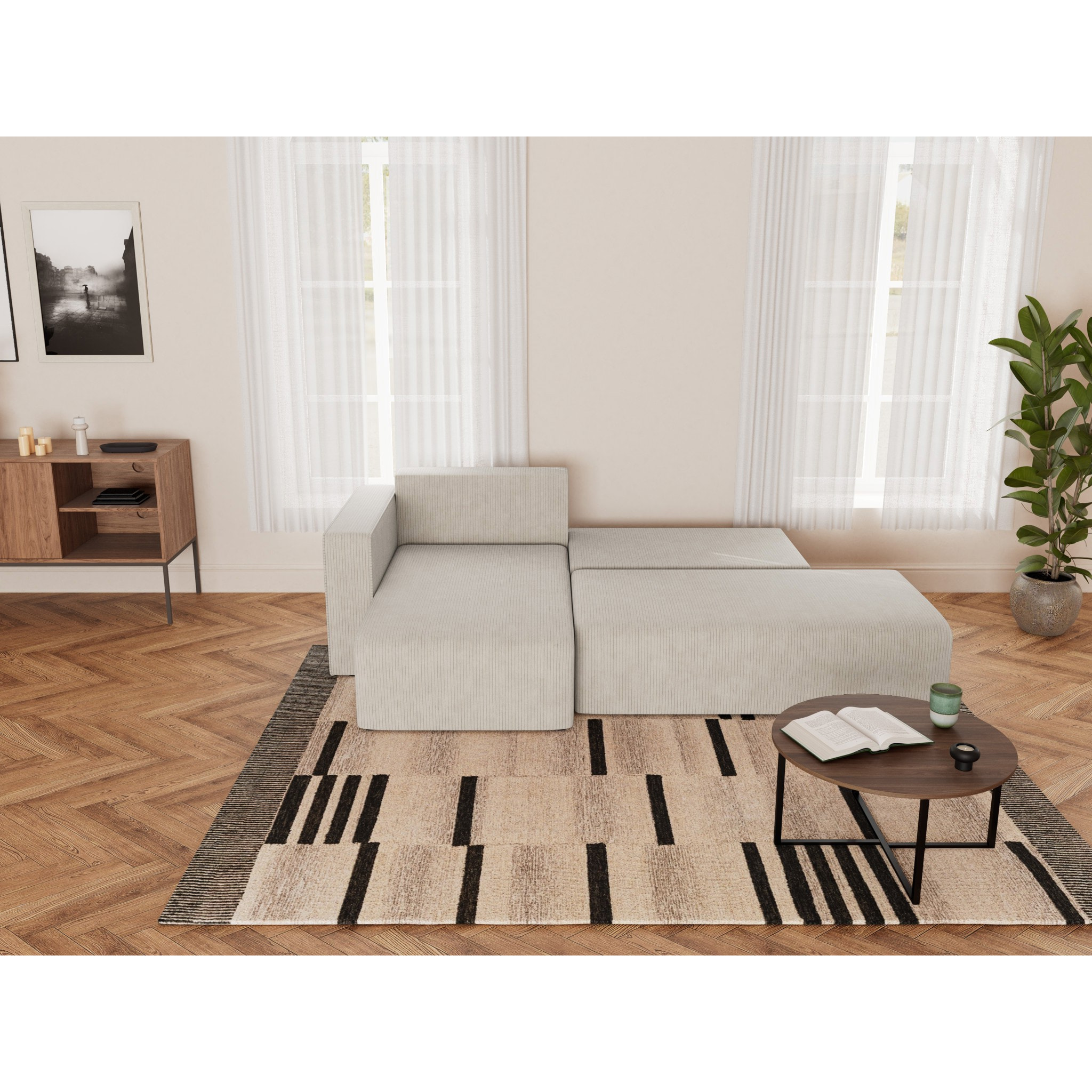Topaze - canapé d'angle gauche 4 places convertible avec coffre sans accoudoir en velours côtelé - Beige