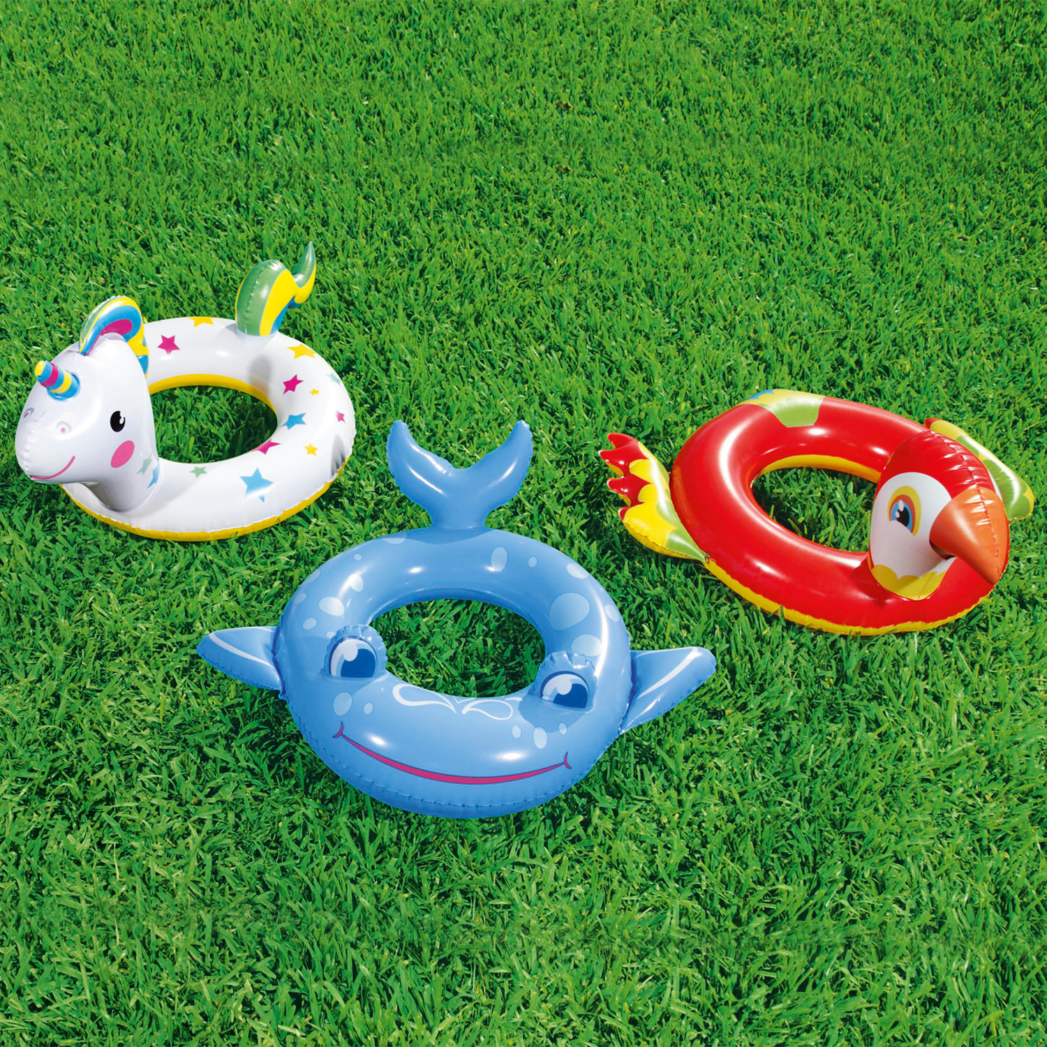 Galleggiante animale unicorno Bestway 79x58 cm - balena 84x71 cm - pappagallo 84x76 cm.