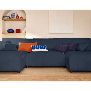 Pivoine - canapé panoramique en U - 7 places - convertible avec coffre - en velours côtelé - Bleu nuit