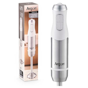 Batidora de mano blanca de acero inoxidable. Con 1500W de potencia y 2 velocidades.