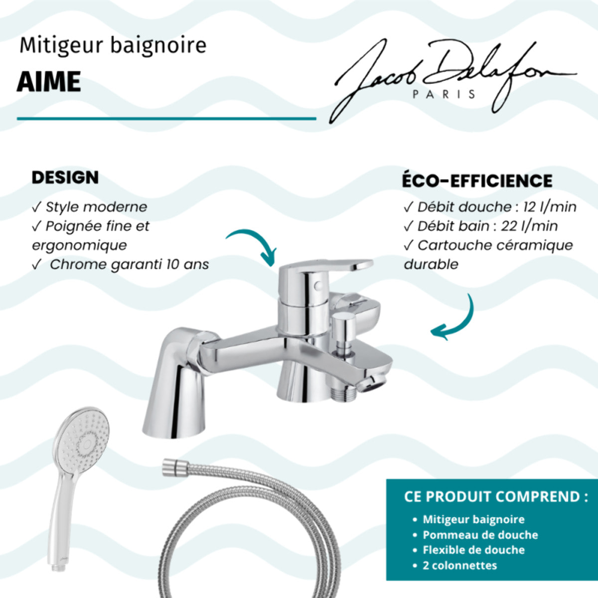 Mitigeur baignoire Aimé + pommeau de douche Juliette + flexible de douche métal + colonnettes