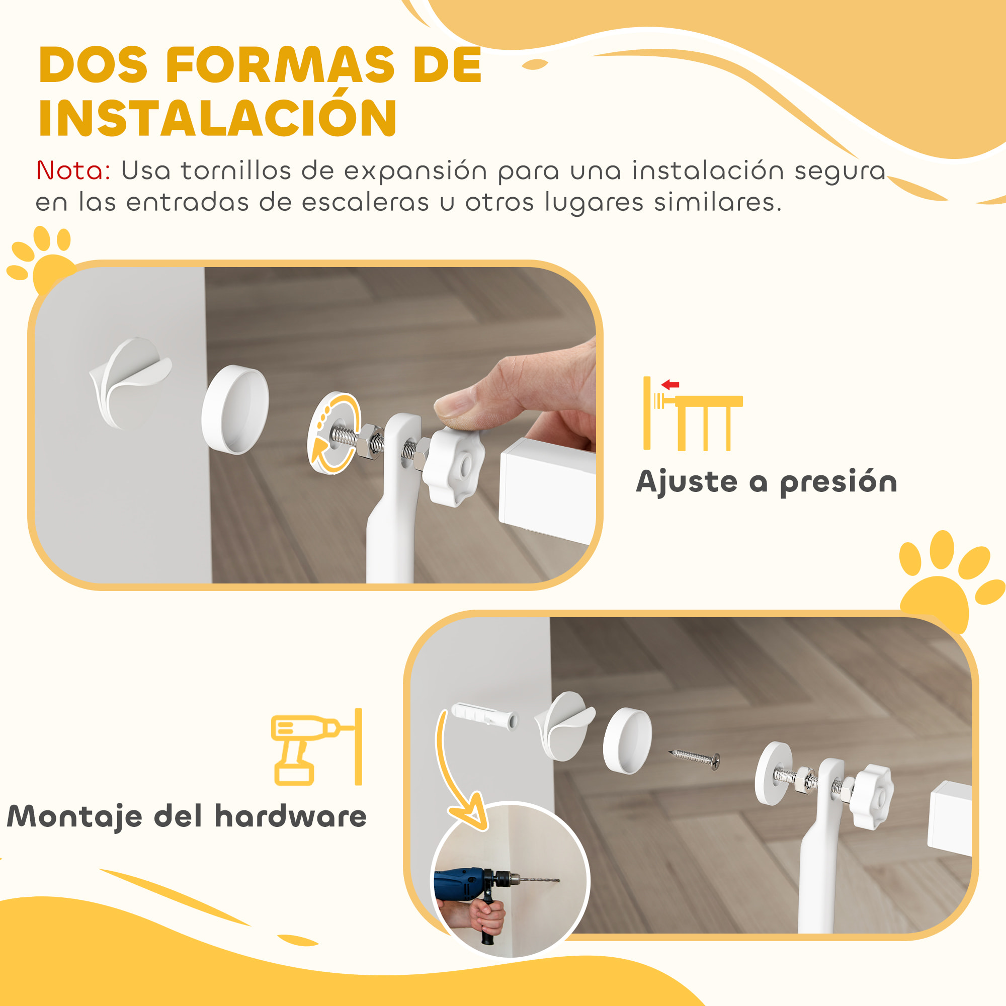 Barrera de Seguridad para Perros y Gatos Extra Alta 180 cm, Barrera para Perros Extensible 76-104 cm, Separación 3,5 cm, para Puertas y Escaleras, con Montaje a Presión, 2 Extensiones, Blanco