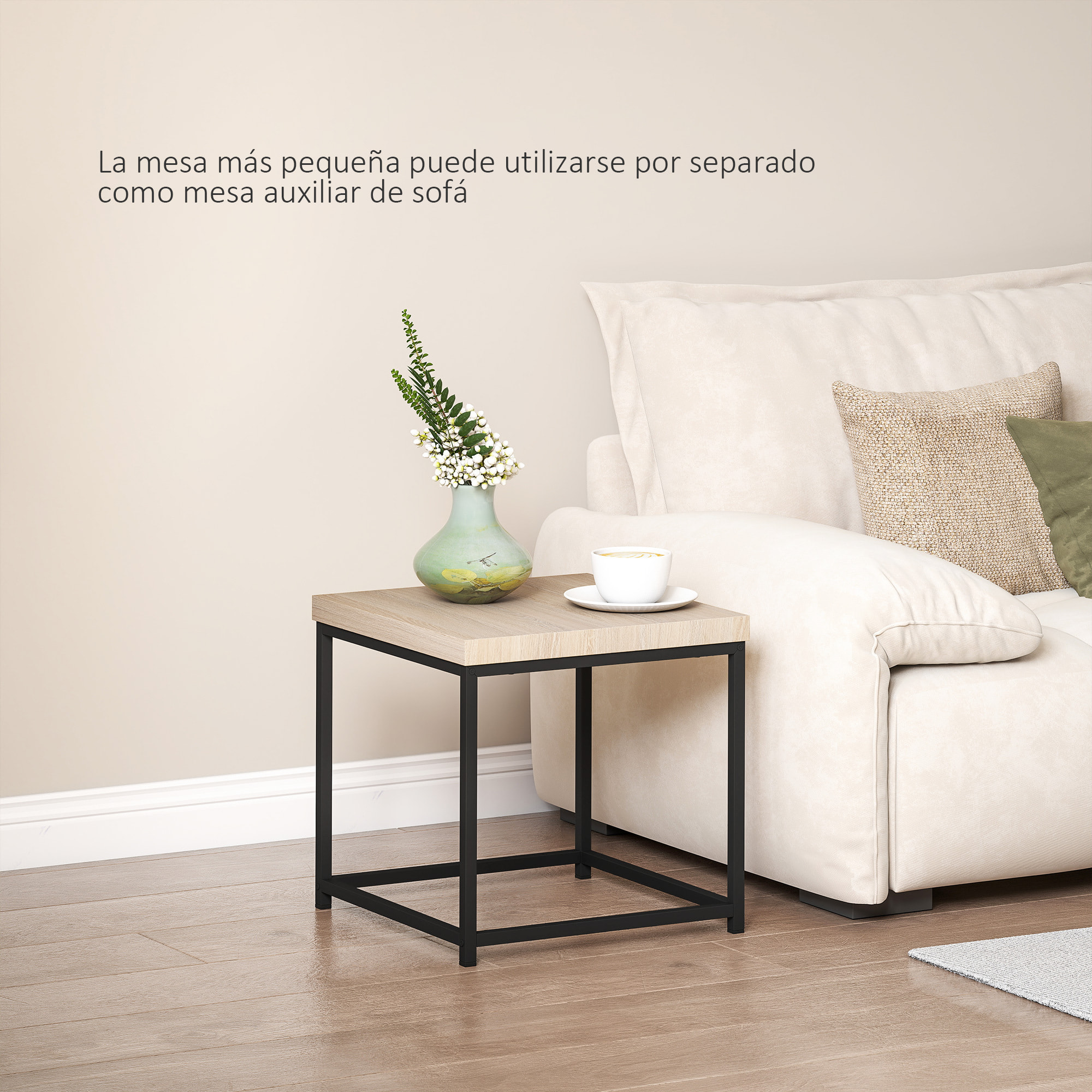 Juego de 2 Mesas de Centro, Mesa Nido Moderna, Mesitas Auxiliares, Patas de Acero, para Salón, Dormitorio, Oficina, Roble