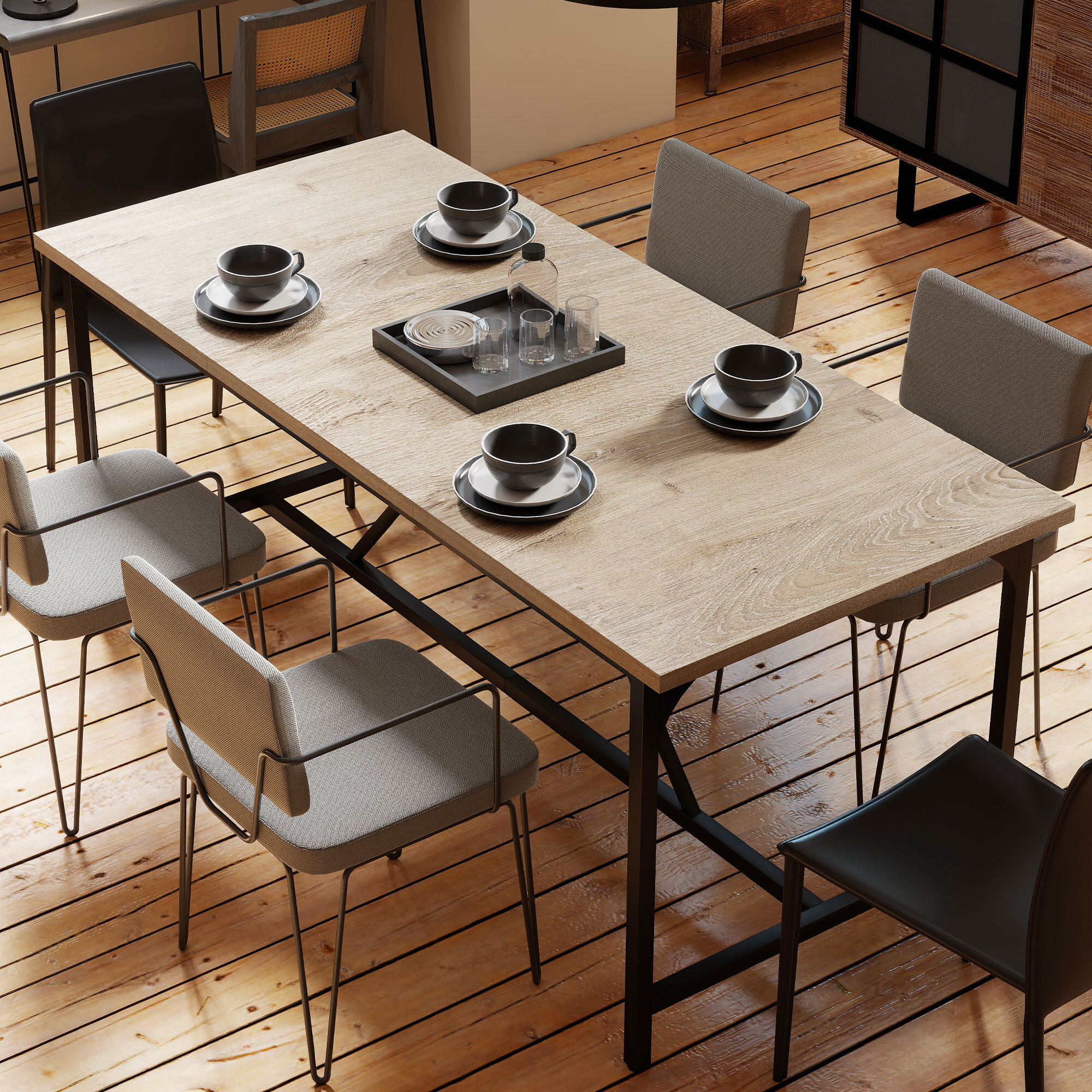 Table à manger style industriel 6-8 personnes dim. 180x80x75cm métal noir effet chêne clair