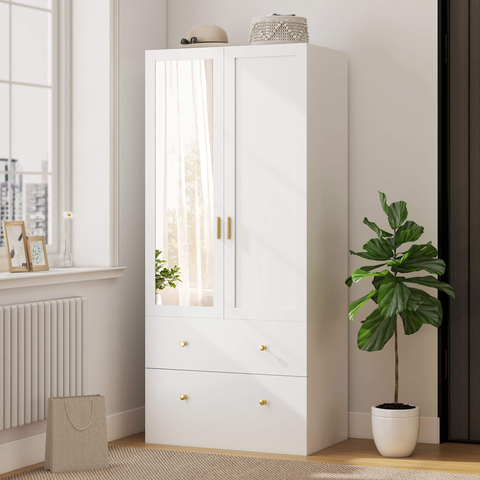 Armario Dormitorio 2 Puertas y 2 Cajones, Armario Ropero con Espejo, Barra para Colgar, Estilo Moderno, 80x50x180 cm, Blanco
