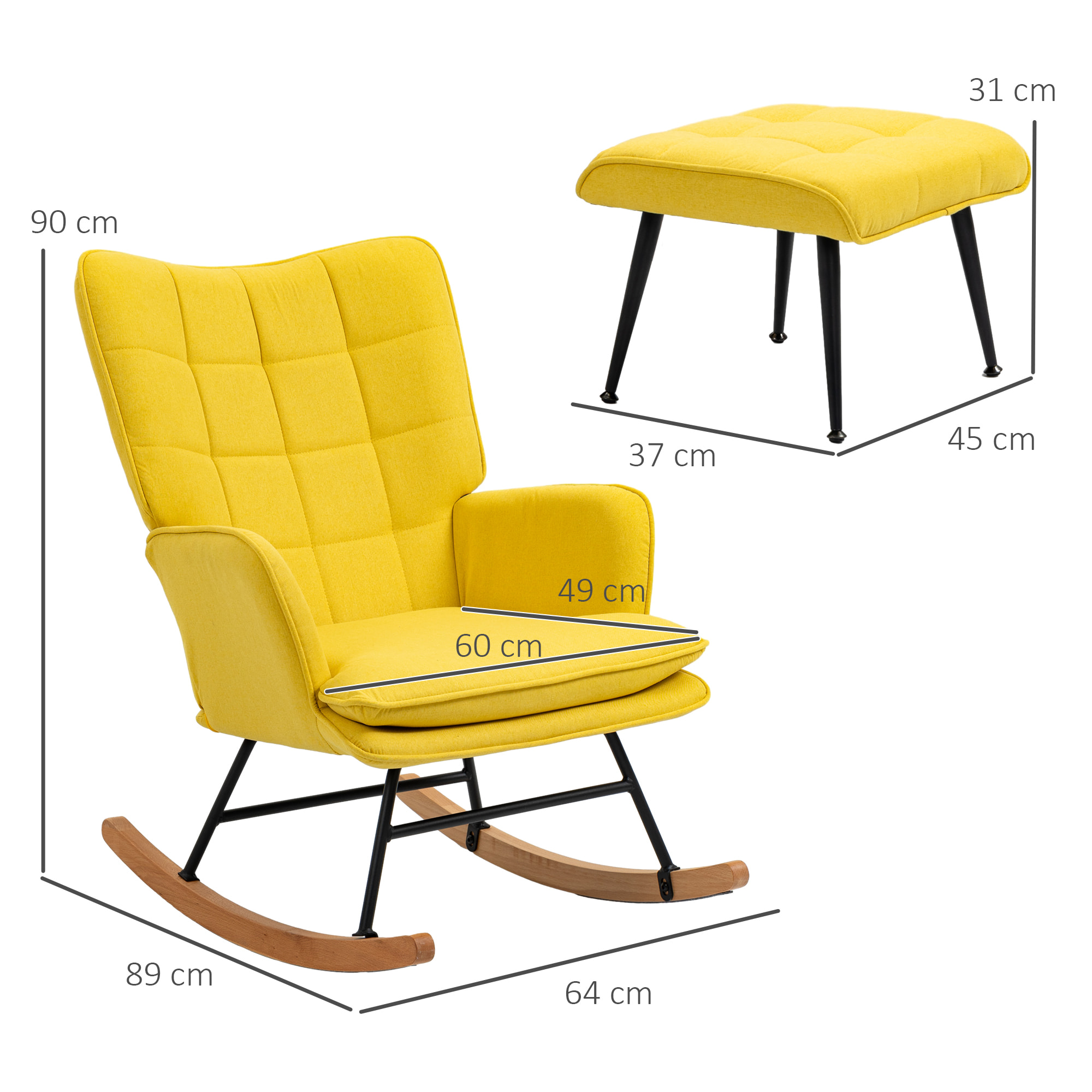 Silla Mecedora con Reposapiés, Sillón de Relax, con Cojín Acolchado, Respaldo Alto, Reposabrazos y Patas de Madera, Carga 130 kg, para Salón, Dormitorio, Amarillo