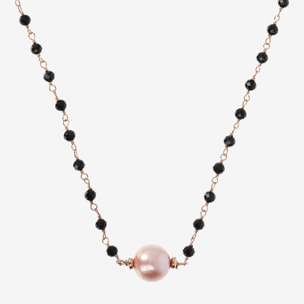 Collana Rosario con Spinello Nero e Perla d'Acqua Dolce Rosa Ø 9/10 mm in Argento 925 placcato Oro rosa 18Kt