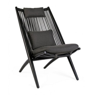 Set di 4 poltrone ALOHA in alluminio nero e intreccio di corda nero, con cuscini