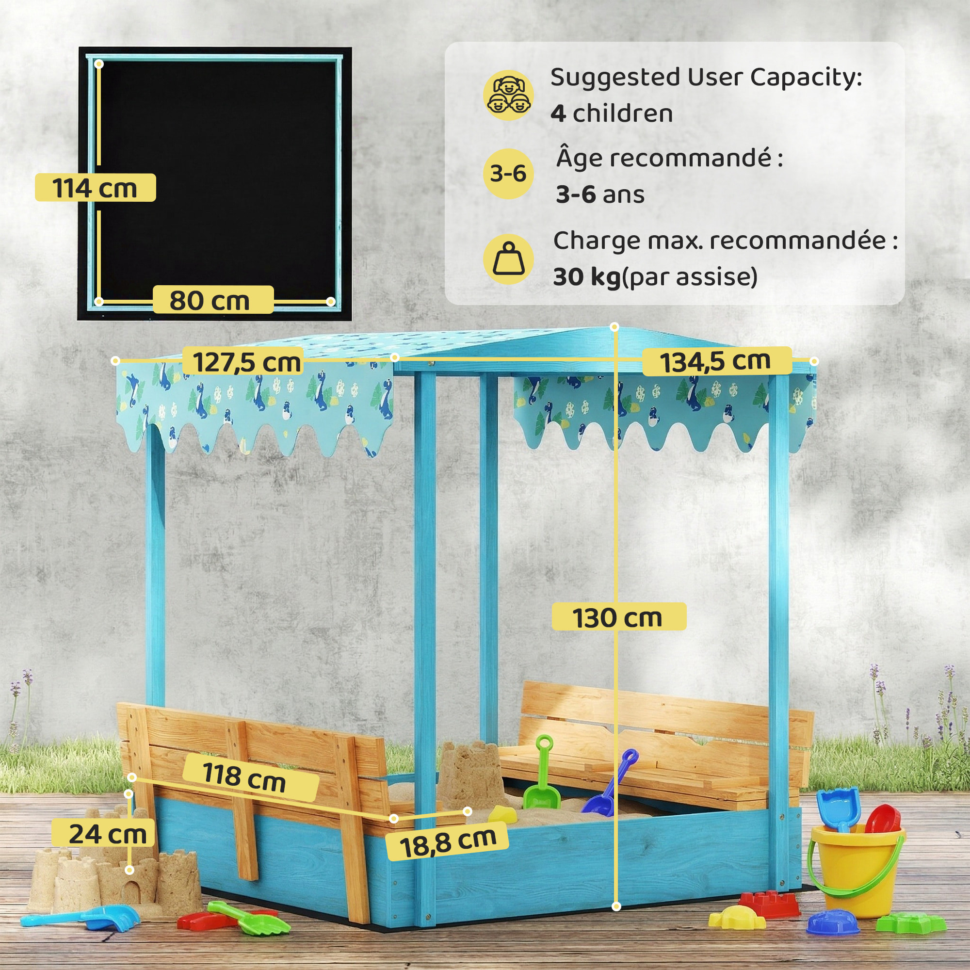 Bac à sable enfant couvercle siège pliable auvent bois bleu