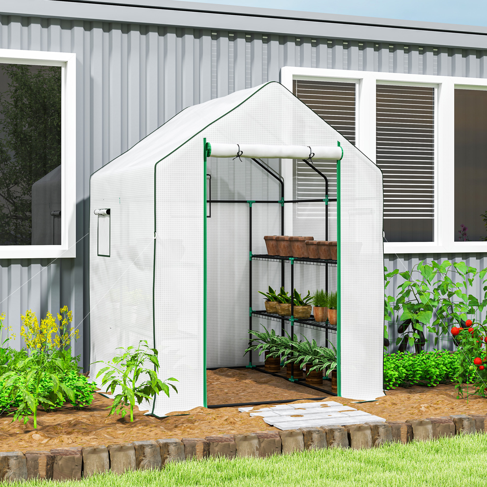 Invernadero de Exterior Invernadero Pequeño de 3 Niveles con 6 Estantes Puerta Enrollable Cubierta de PE y Marco de Acero para Cultivos Plantas Flores 140x143x190 cm Blanco