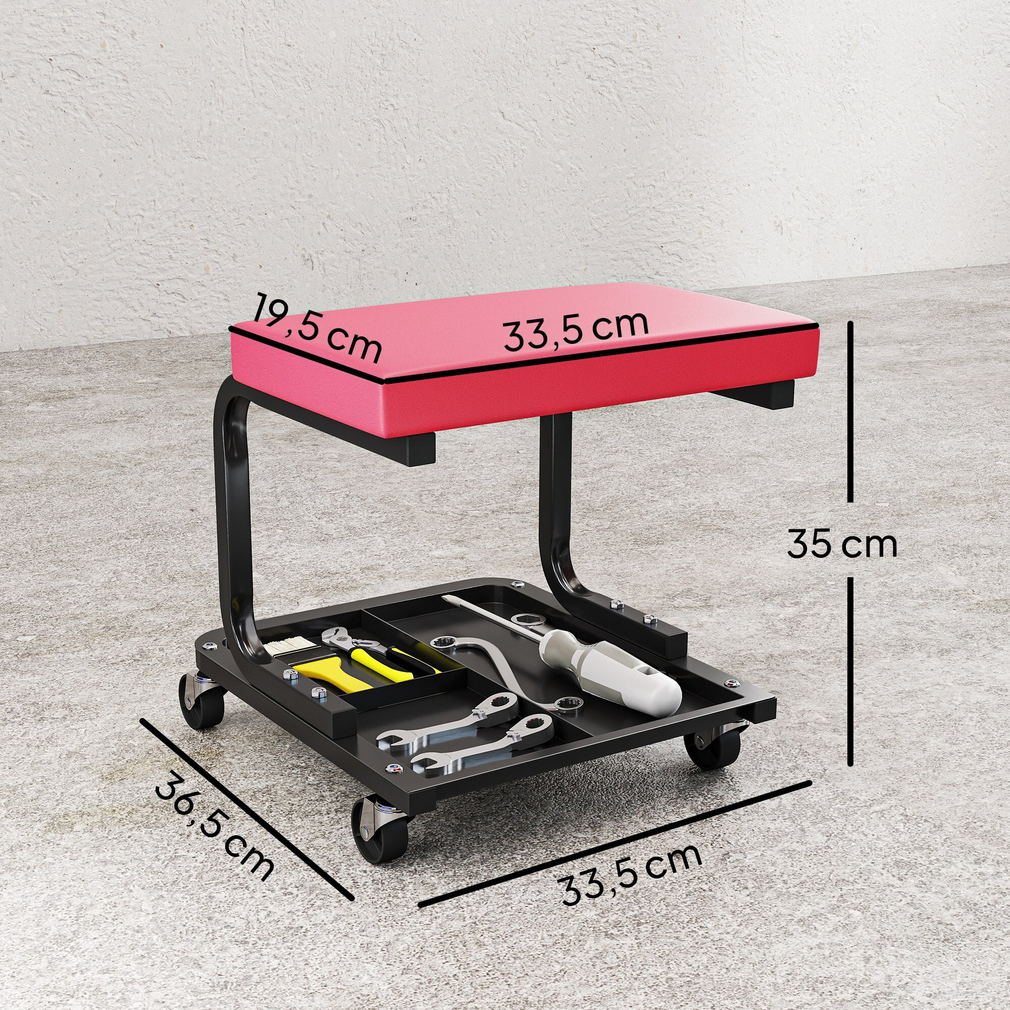 Tabouret d'atelier mobile - tabouret de mécanicien - plateau outils - acier noir synthétique rouge
