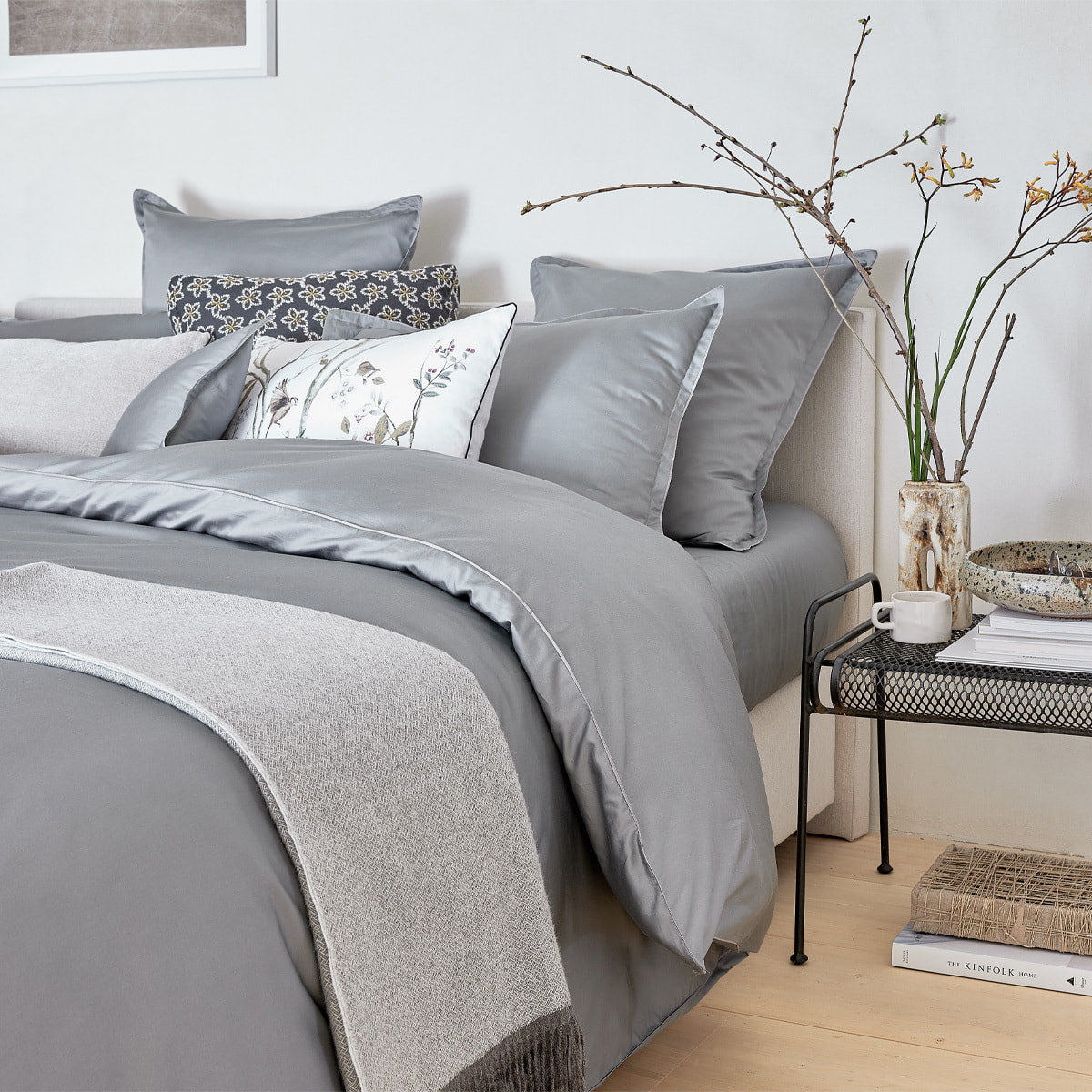Drap housse uni en satin de coton, bonnet 40cm, TEOPHILE, Gris Meteore