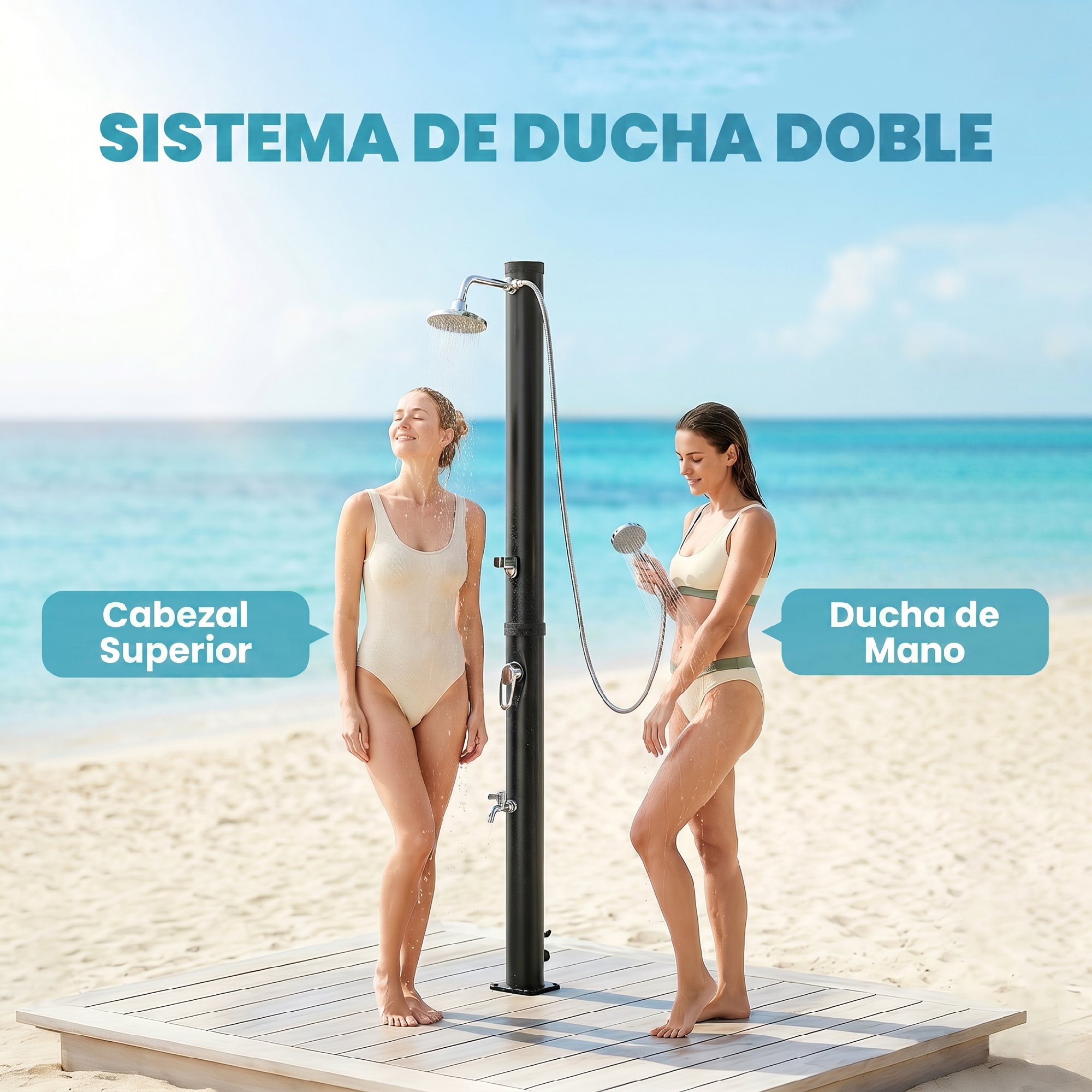 Ducha Solar de Jardín 20L Ducha Solar Exterior con Cabezal Rociador de Mano Grifo Pies Agua Fría y Caliente Máx. 60 °C Protección contra Congelamiento para Piscina Camping 42x11x215 cm Negro