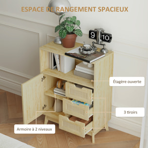 Buffet cannage effet bois style bohème chic - 3 tiroirs, porte, étagère, grande niche