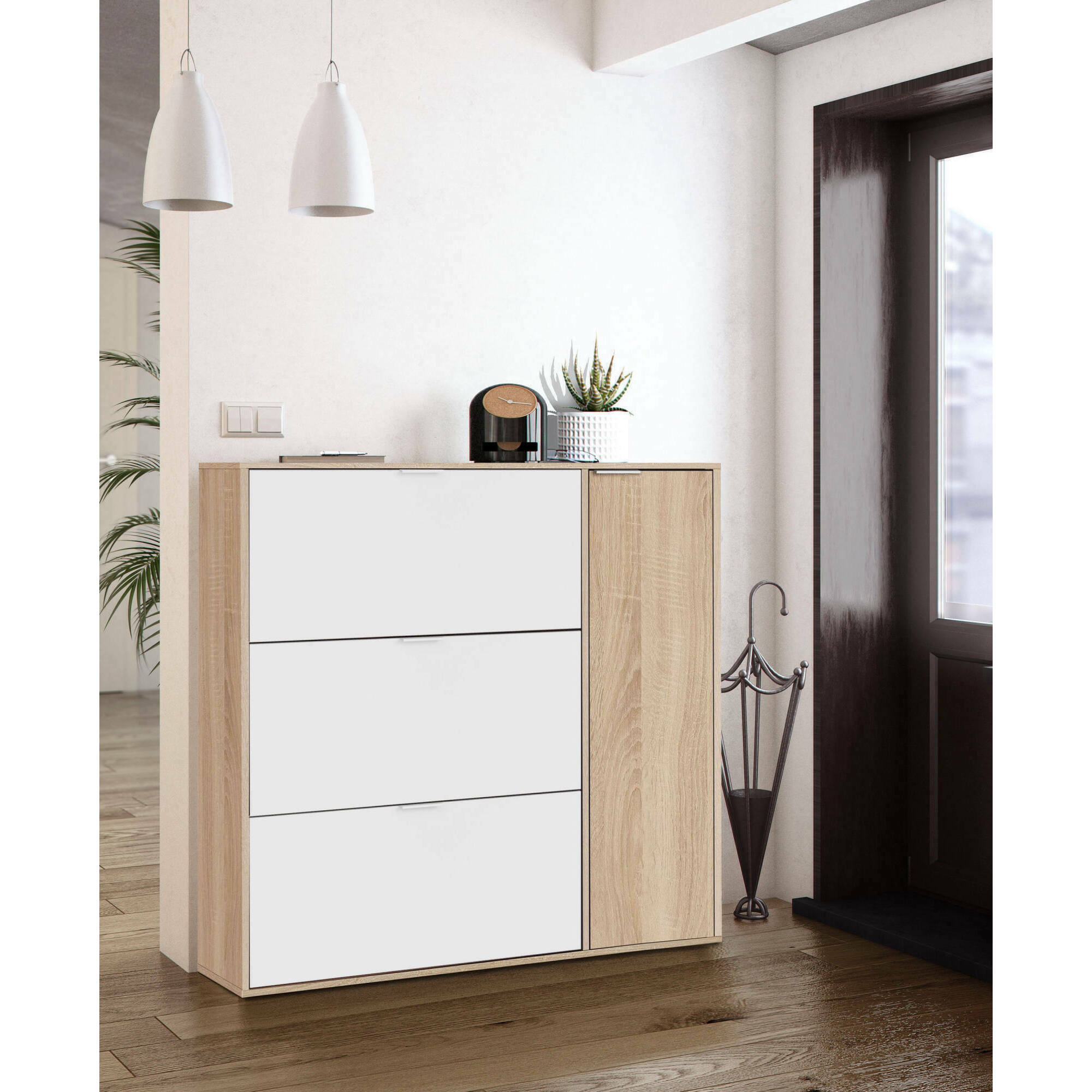 Scarpiera Provo, Armadio portascarpe a 4 ante, Mobile basso multiuso con 5 ripiani, Scarpiera moderna, cm 106x22h115, Rovere e Bianco