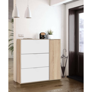 Scarpiera Provo, Armadio portascarpe a 4 ante, Mobile basso multiuso con 5 ripiani, Scarpiera moderna, cm 106x22h115, Rovere e Bianco