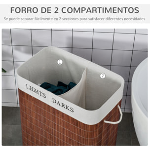 Cesto para Ropa Sucia de Bambú Capacidad de 100L Cesta para la Colada Rectangular con Tapa Extraíble Bolsa de 2 Compartimentos 52x32x63 cm Marrón