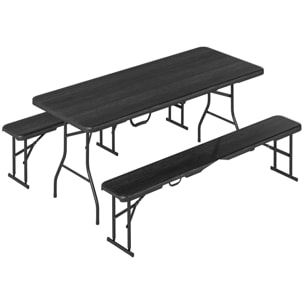 Ensemble table 2 bancs pliables avec poignées - usage pique-nique camping - métal époxy HDPE noir
