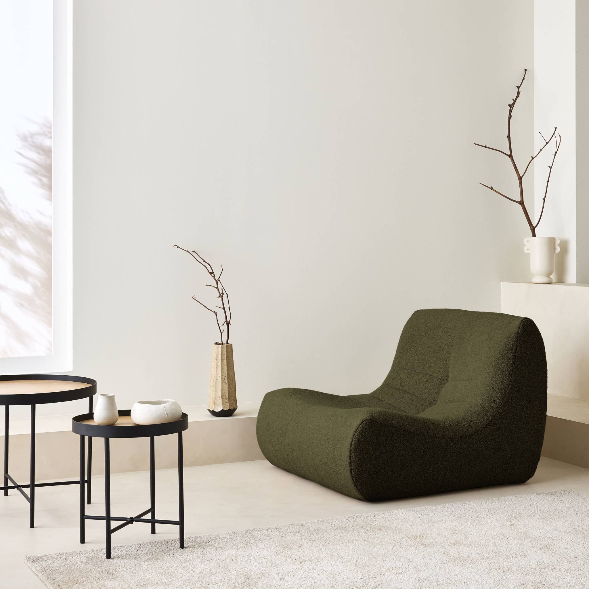 Fauteuil chauffeuse en bouclette texturée kaki foncé style contemporain 1 place
