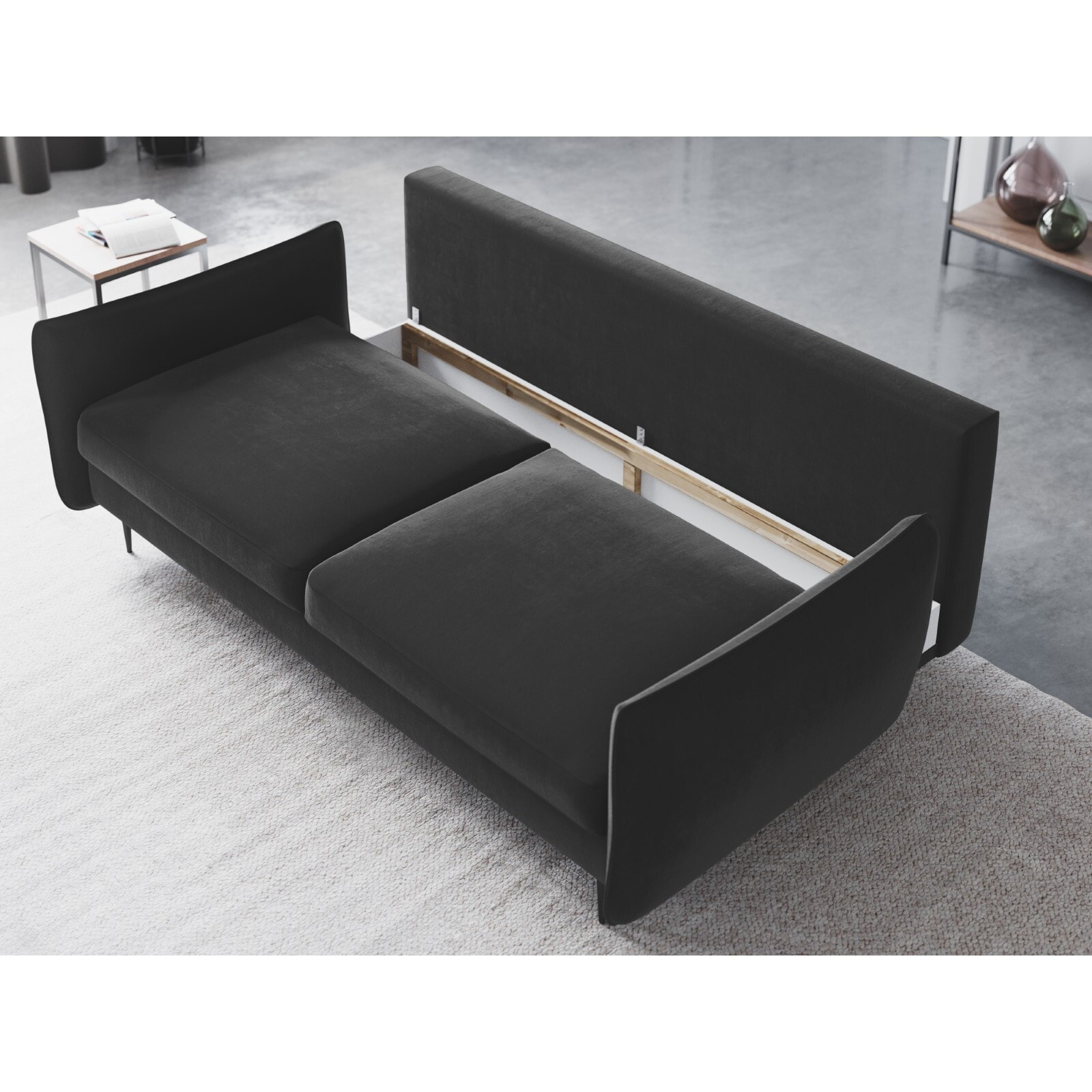 Canapé convertible avec coffre de rangement "Vermont" 3 places en velours gris foncé