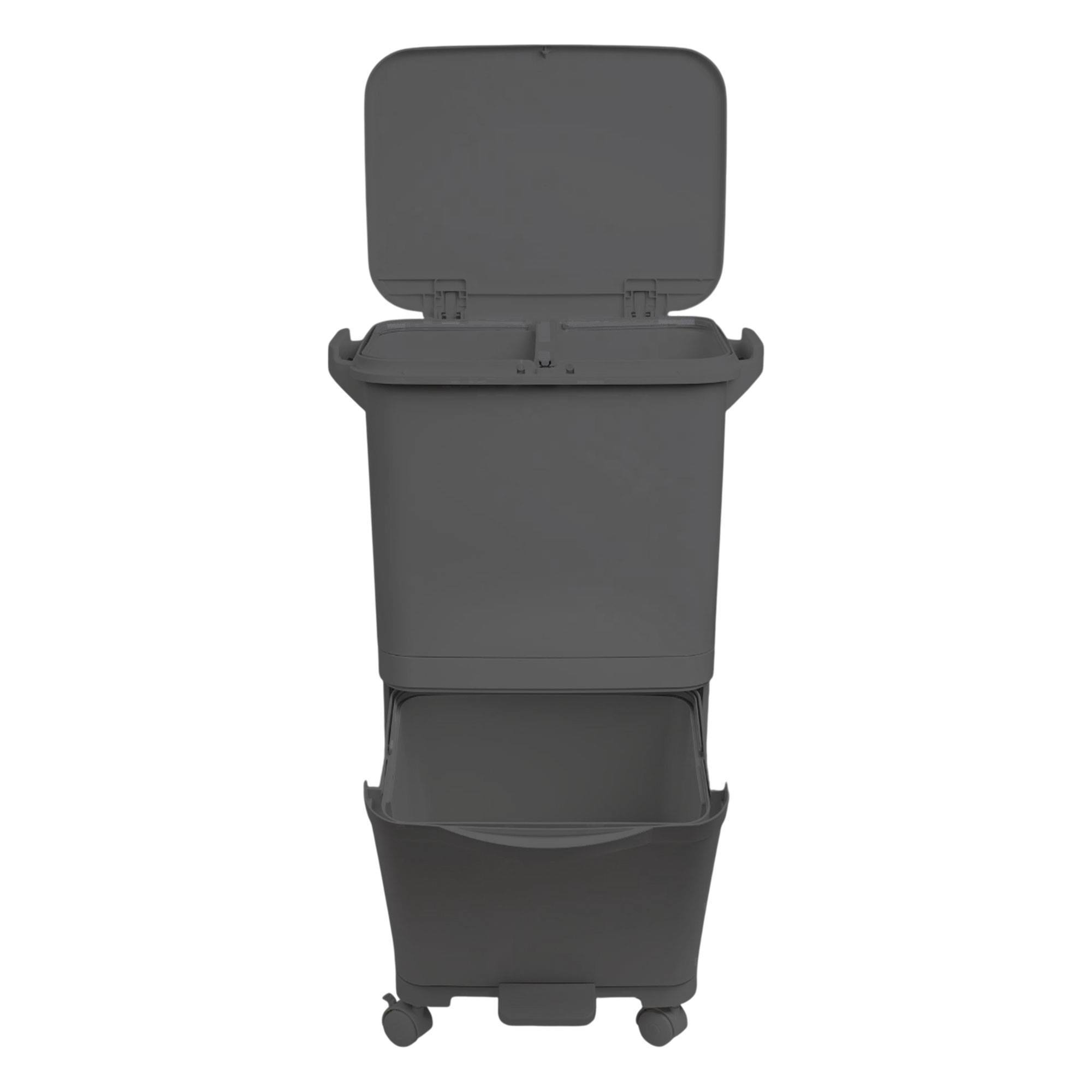 Papelera de reciclaje de clasificación selectiva con pedal, rudas y asa de doble compartimentos color negro antracita de 38l (24l + 14l)