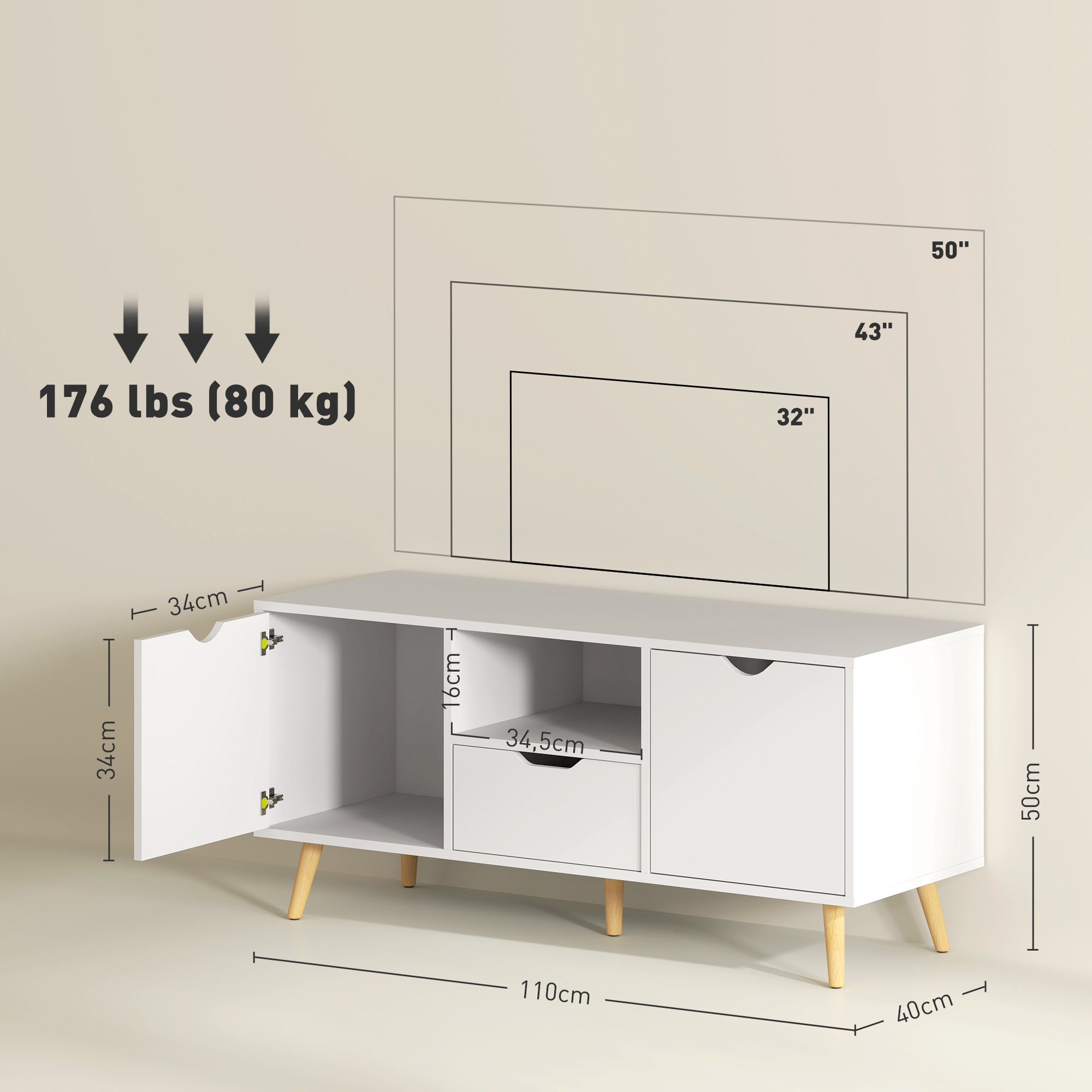 Meuble TV banc TV style scandinave 2 portes tiroir niche piètement bois de pin panneaux blanc