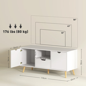 Meuble TV banc TV style scandinave 2 portes tiroir niche piètement bois de pin panneaux blanc