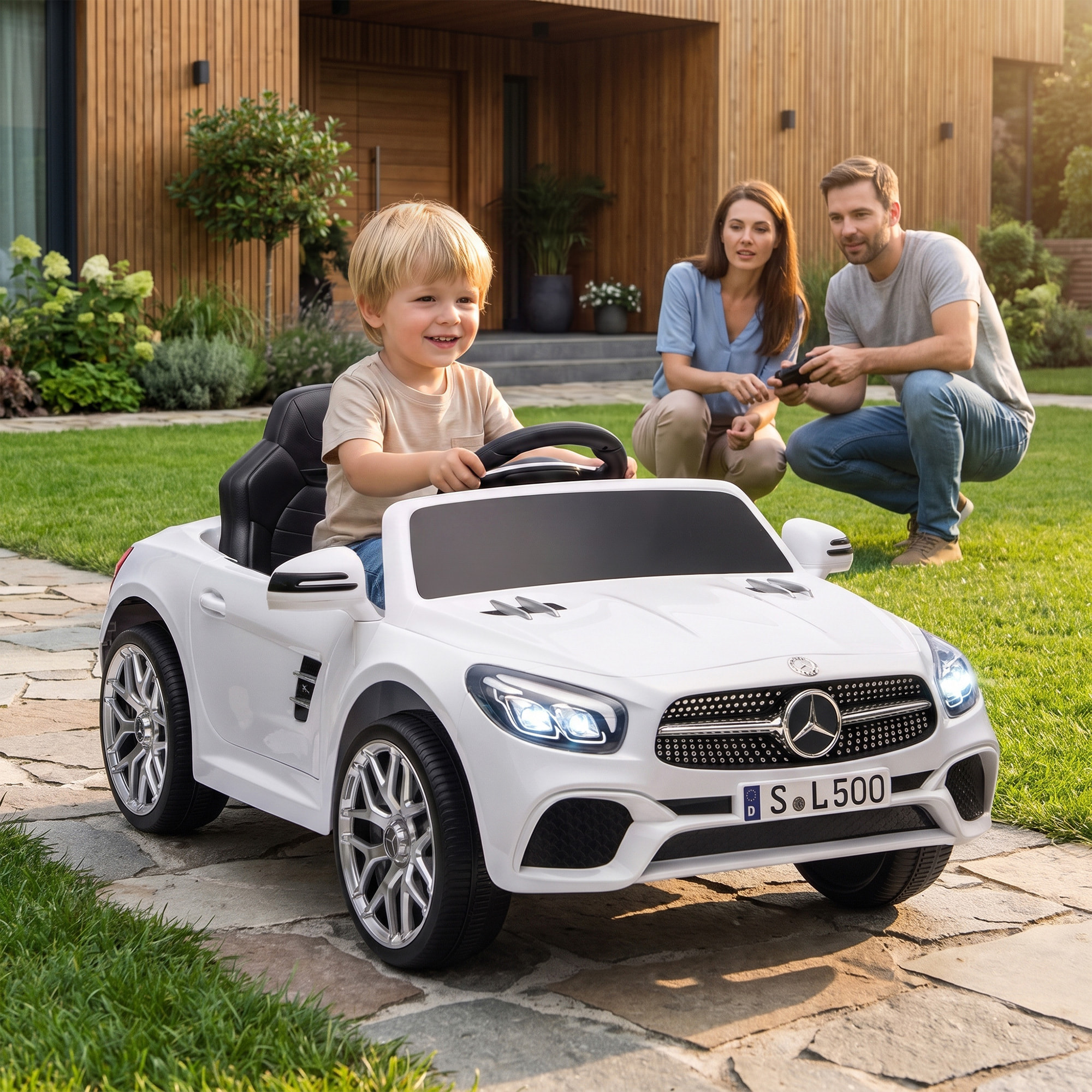 Coche Eléctrico para Niños Mercedes-Benz SL500 Coche de Batería Litio 12V con Mando a Distancia 2,4G 2 Motores Suspensión Arranque Suave Luces Música Claxon Bluetooth 3-5 Años 3-5 km/h Blanco