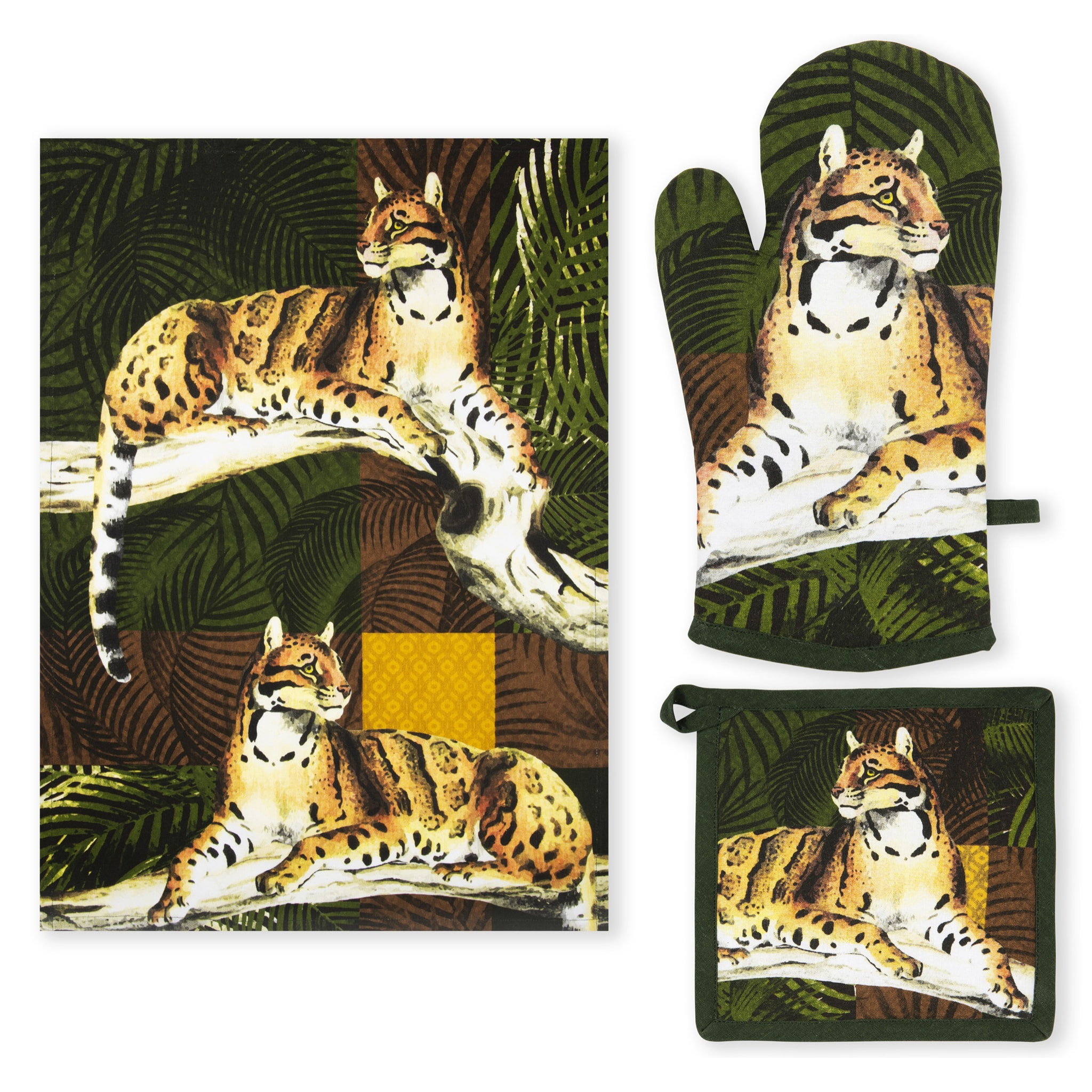 Set Torchon, Manique et Gant de Cuisine Excelsa – Leopard, Coton Multicolore