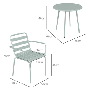 Salon de jardin bistro - table basse ronde Ø 60 cm 2 chaises empilables - acier thermolaqué vert de gris