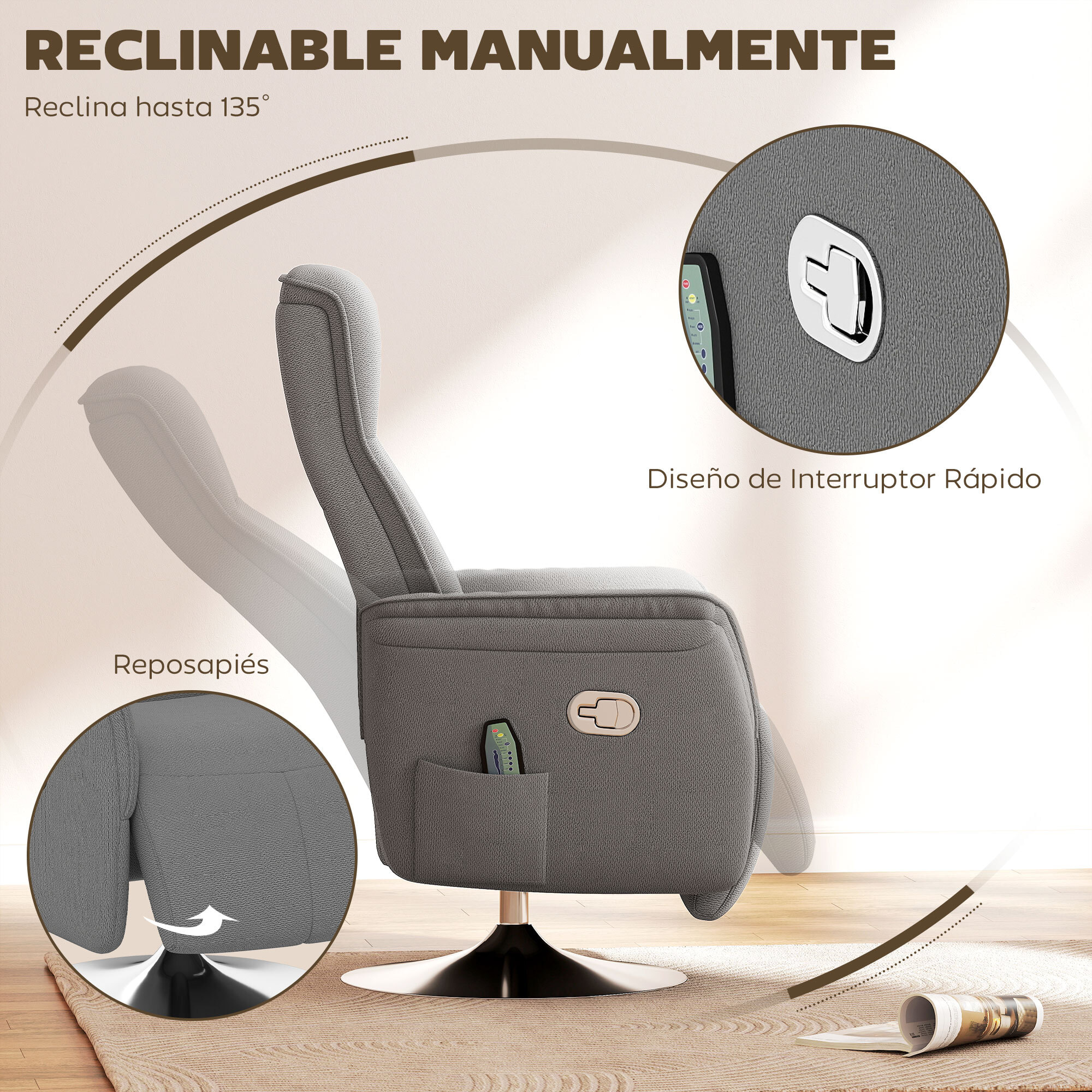 Sillón Relax Reclinable con Reposapiés Sillón de Masaje con 10 Puntos de Masaje Giratorio 360° Mando a Distancia Butaca Reclinable para Salón Oficina Gris