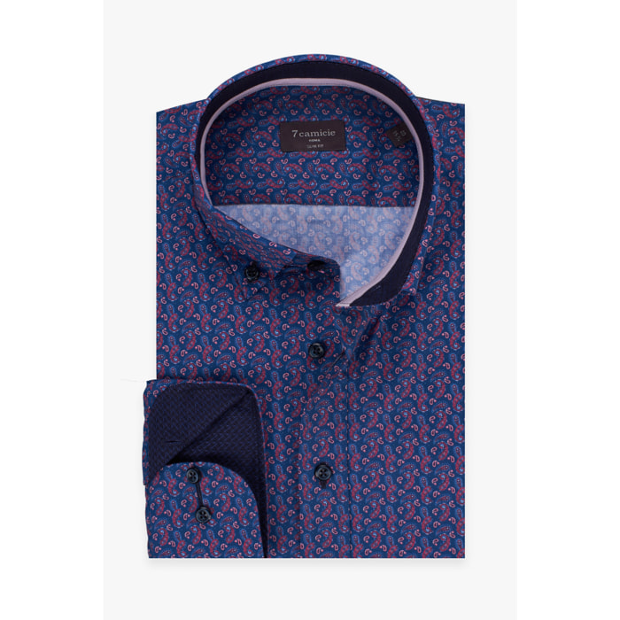 camicia uomo 1 bottone button down slim Popeline Stampato Blu e Rosso