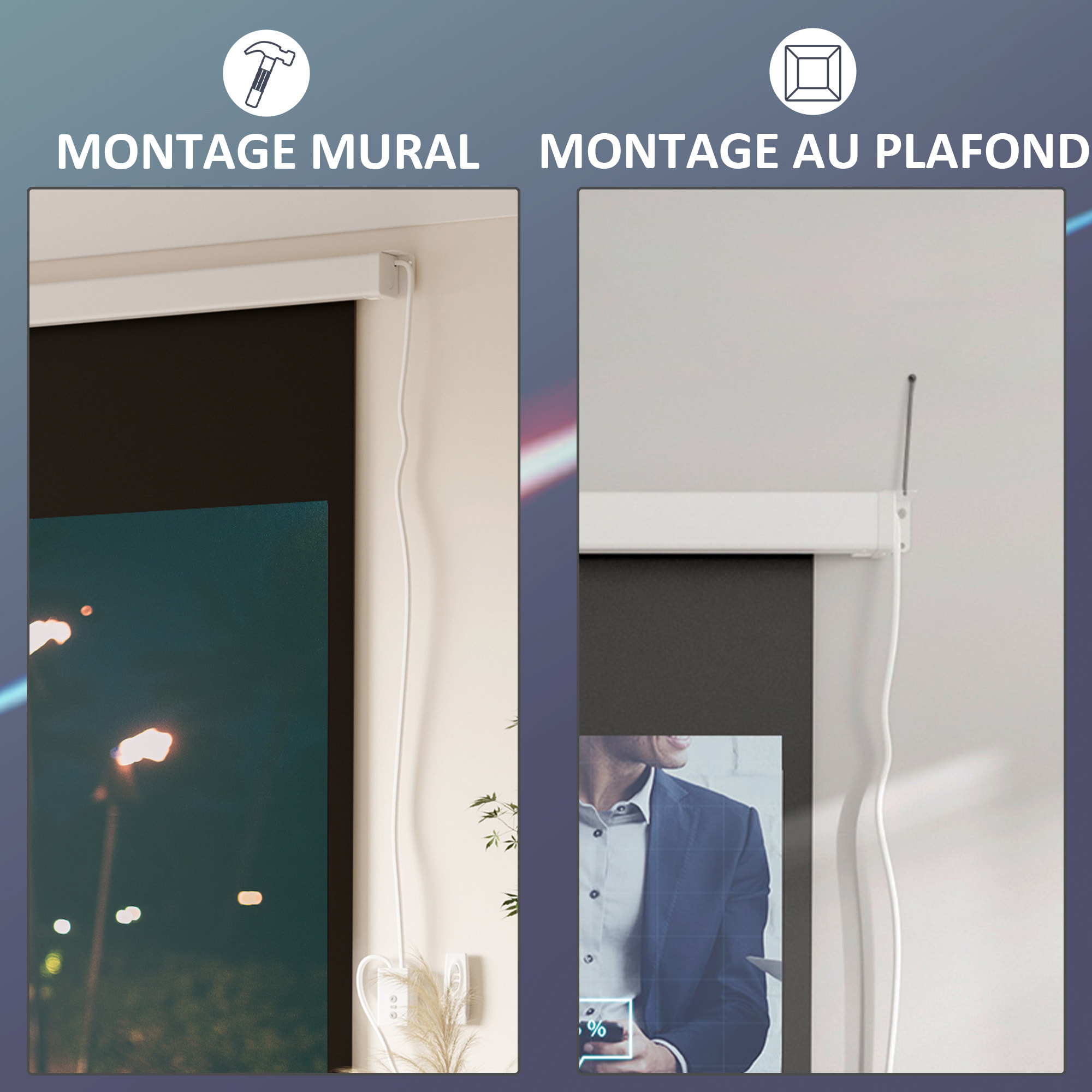 Écran de projection motorisé 100 pouces, 16:9 4K HD - mural avec télécommande - blanc