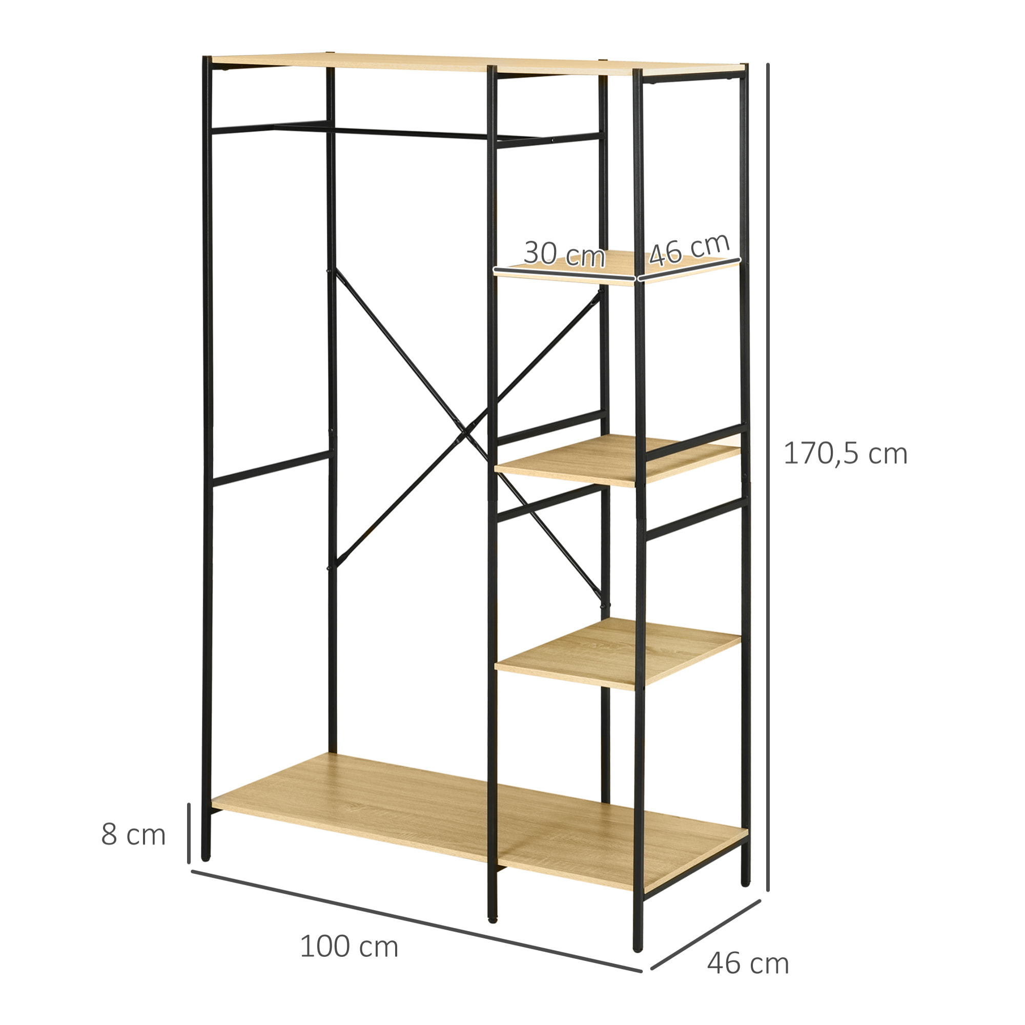 Penderie portant à vêtements style industriel en métal avec tringle et 4 étagères - dim. 100L x 46L x 170,5H cm - métal aspect chêne clair