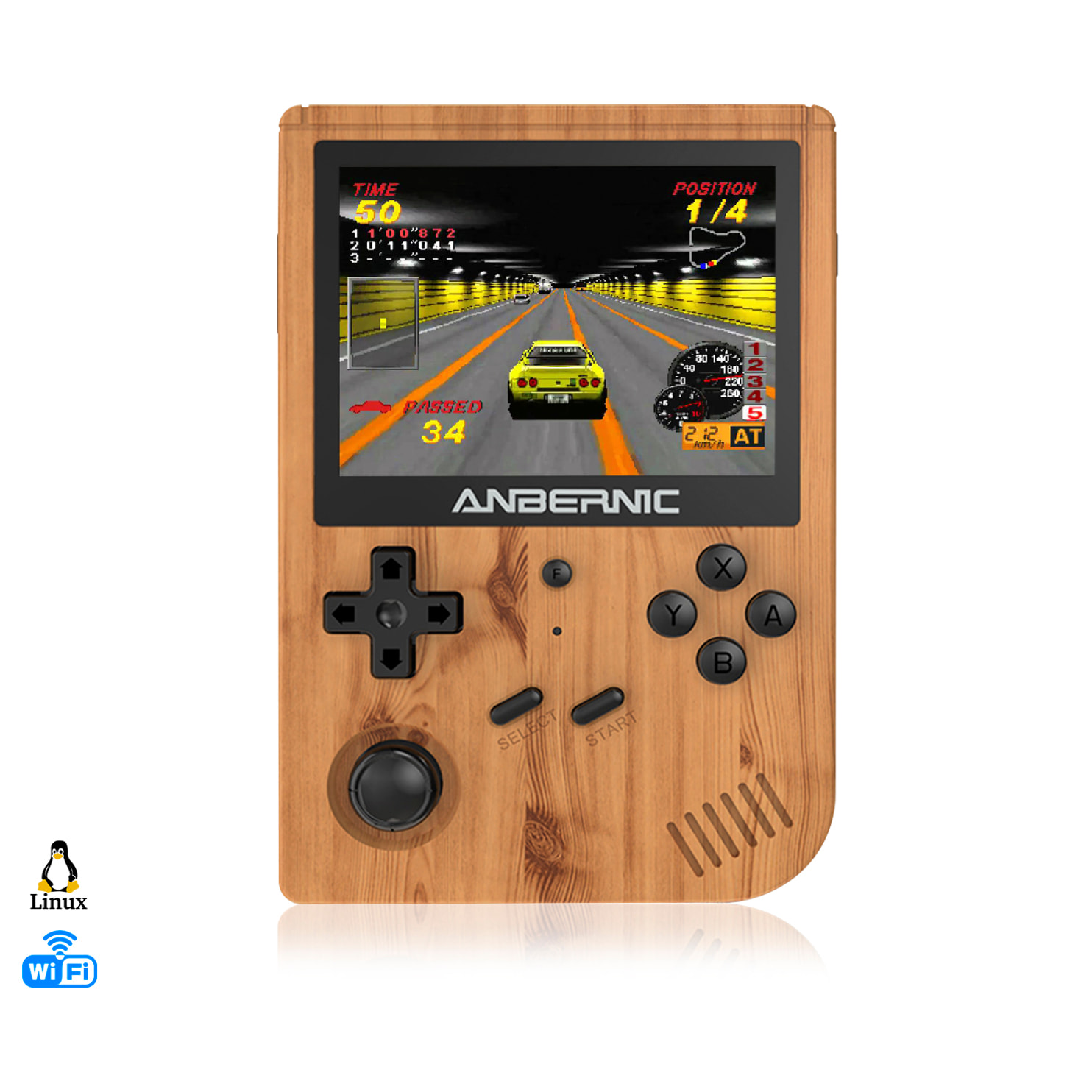 DAM Consola emulador multiplataforma RG351V. Pantalla 3,5" IPS; S.O. Linux, Quad-Core 1,5GHz, WiFi, 128GB. Miles de juegos preinstalados. 14x2,68x9,4 Cm. Color: Madera