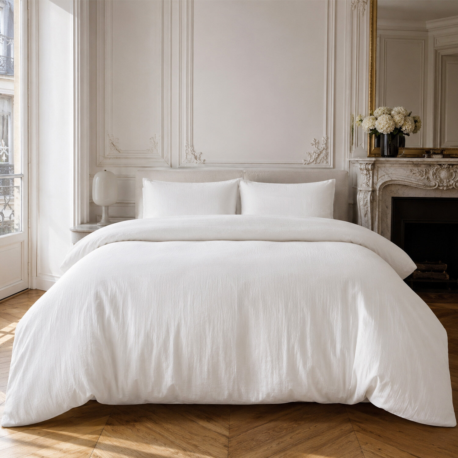 Parure housse de couette 100% gaze de coton unie blanc, RELAX