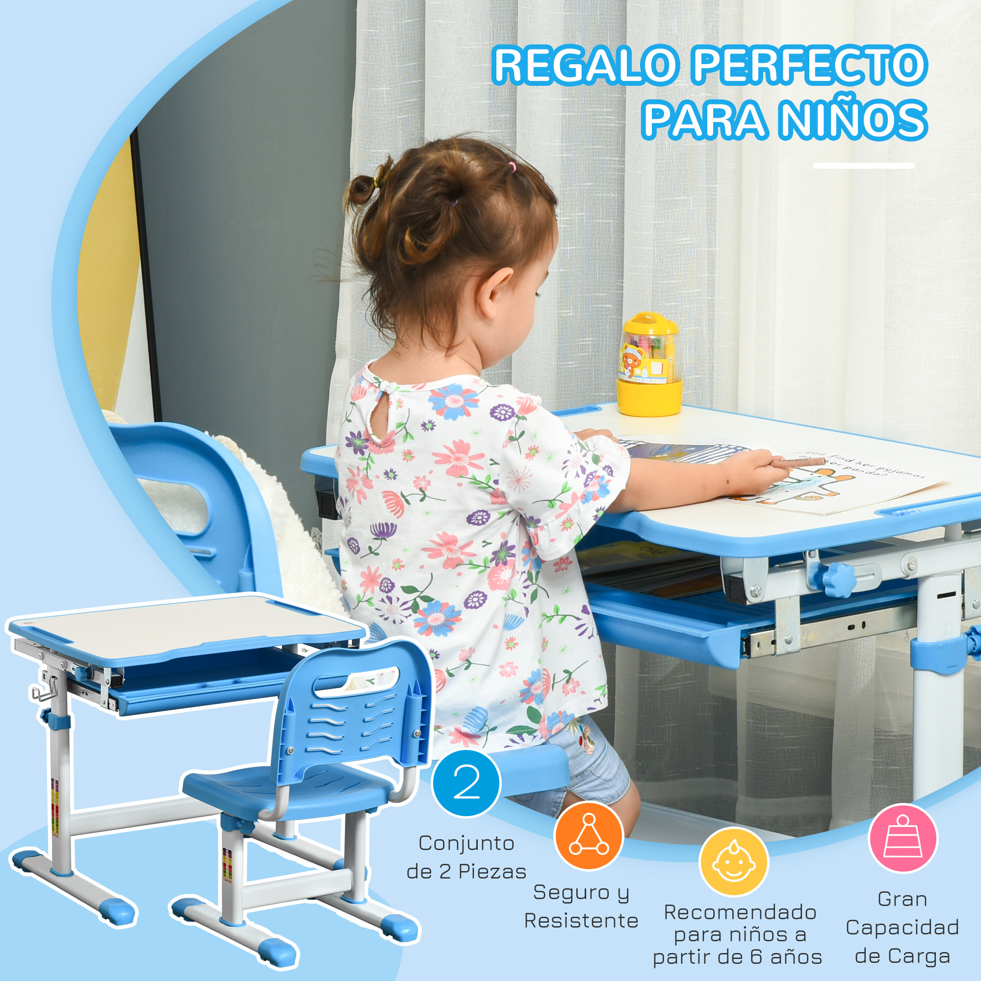Pupitre Infantil 2 en 1 Juego de Escritorio y Silla para Niños de +6 Años con Altura Ajustable Mesa Regulable en ángulo y Bandeja Deslizante 66x47x77 cm Azul