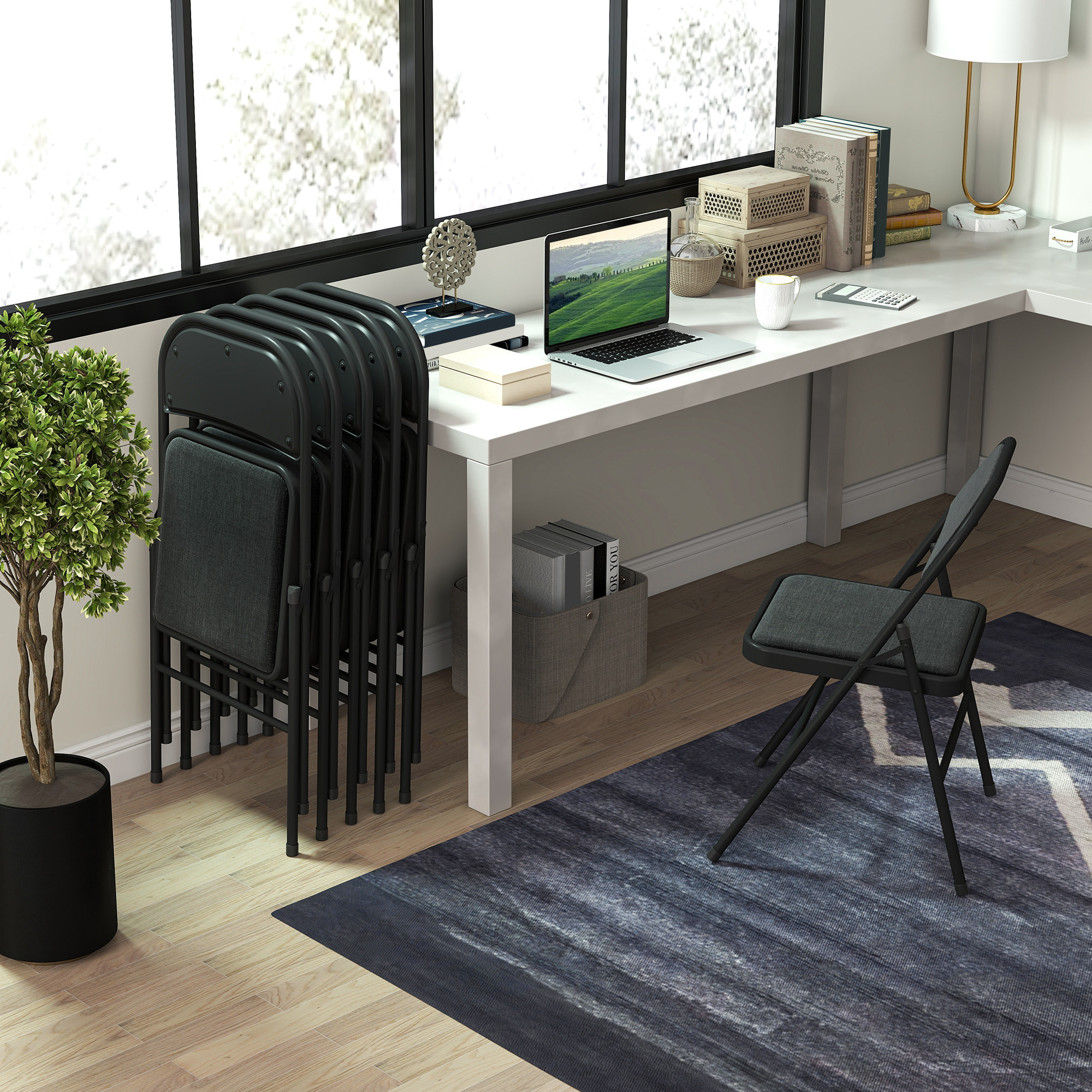 Lot de 6 chaises pliantes assise dossier rembourrés acier tissu toucher lin noir