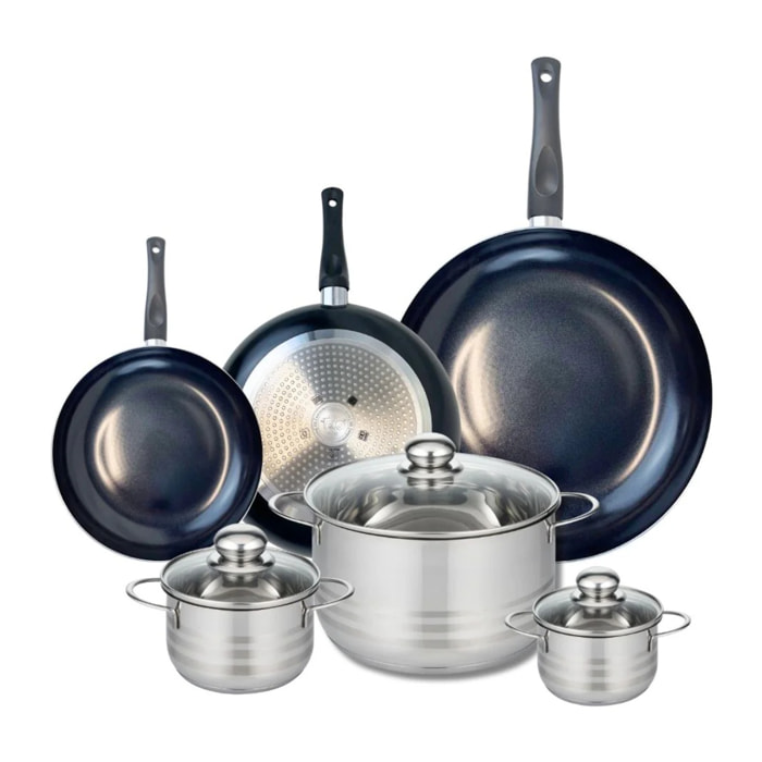 Ensemble de 3 Poêles de cuisson 20, 24 et 32 cm et 3 faitouts 12, 14 et 24 cm Elo Prima Brillant