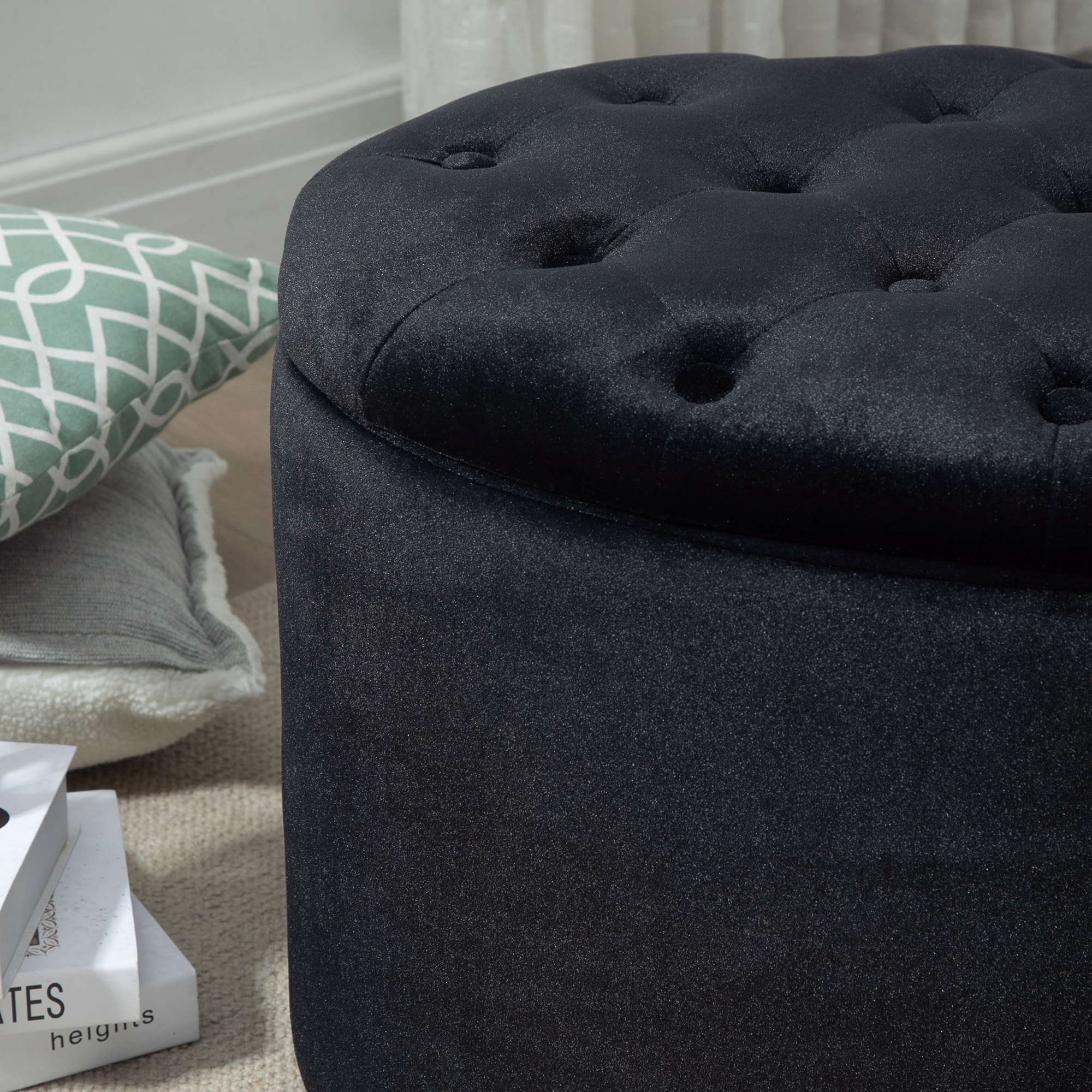 Pouf ovale style Chesterfield plateau assise capitonné rembourré dim. 71 x 52 x 42 cm velours noir