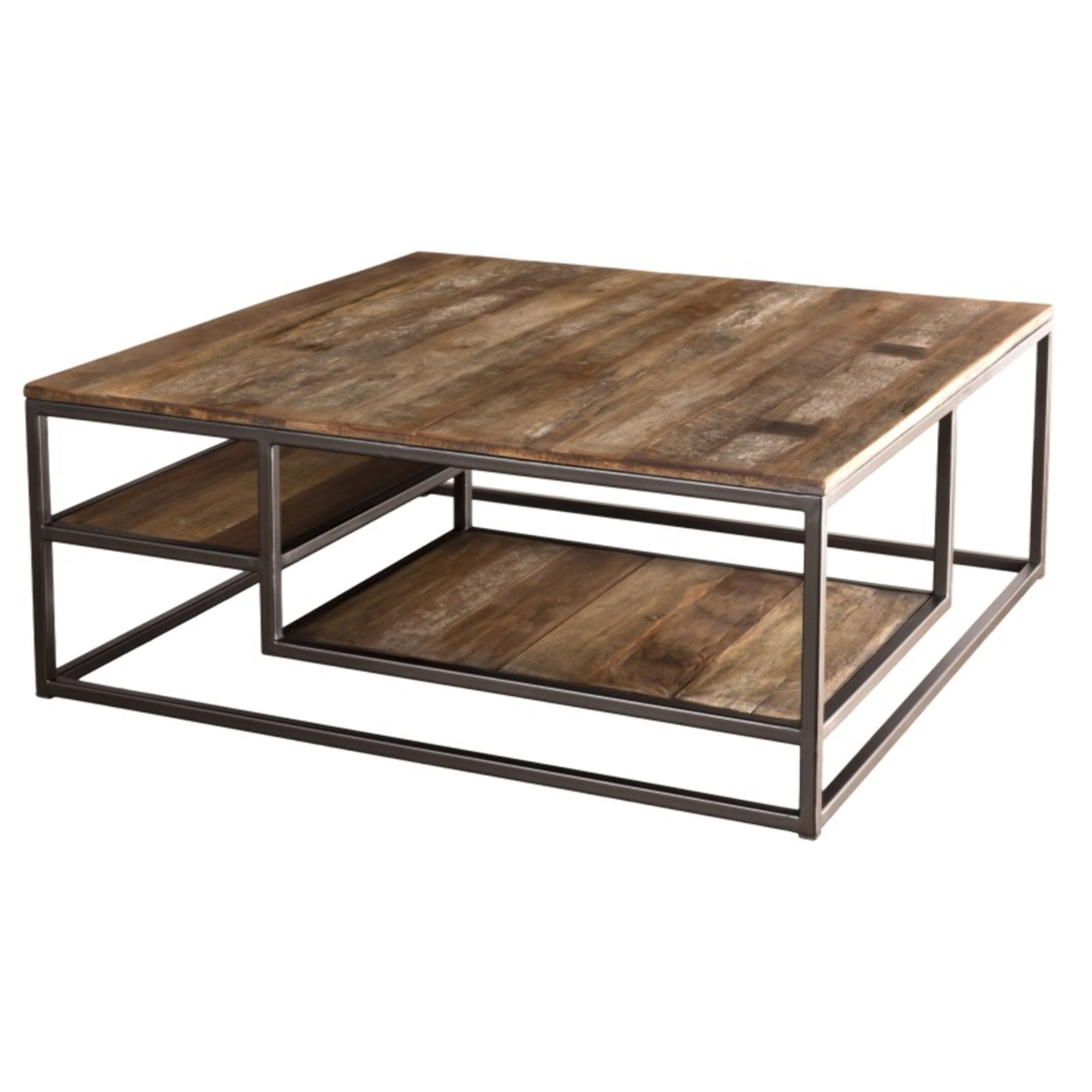 SIXTINE - Table basse carrée avec tablettes 100x100cm Teck recyclé Acacia Mahogany recyclé et métal noir