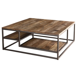 SIXTINE - Table basse carrée avec tablettes 100x100cm Teck recyclé Acacia Mahogany recyclé et métal noir