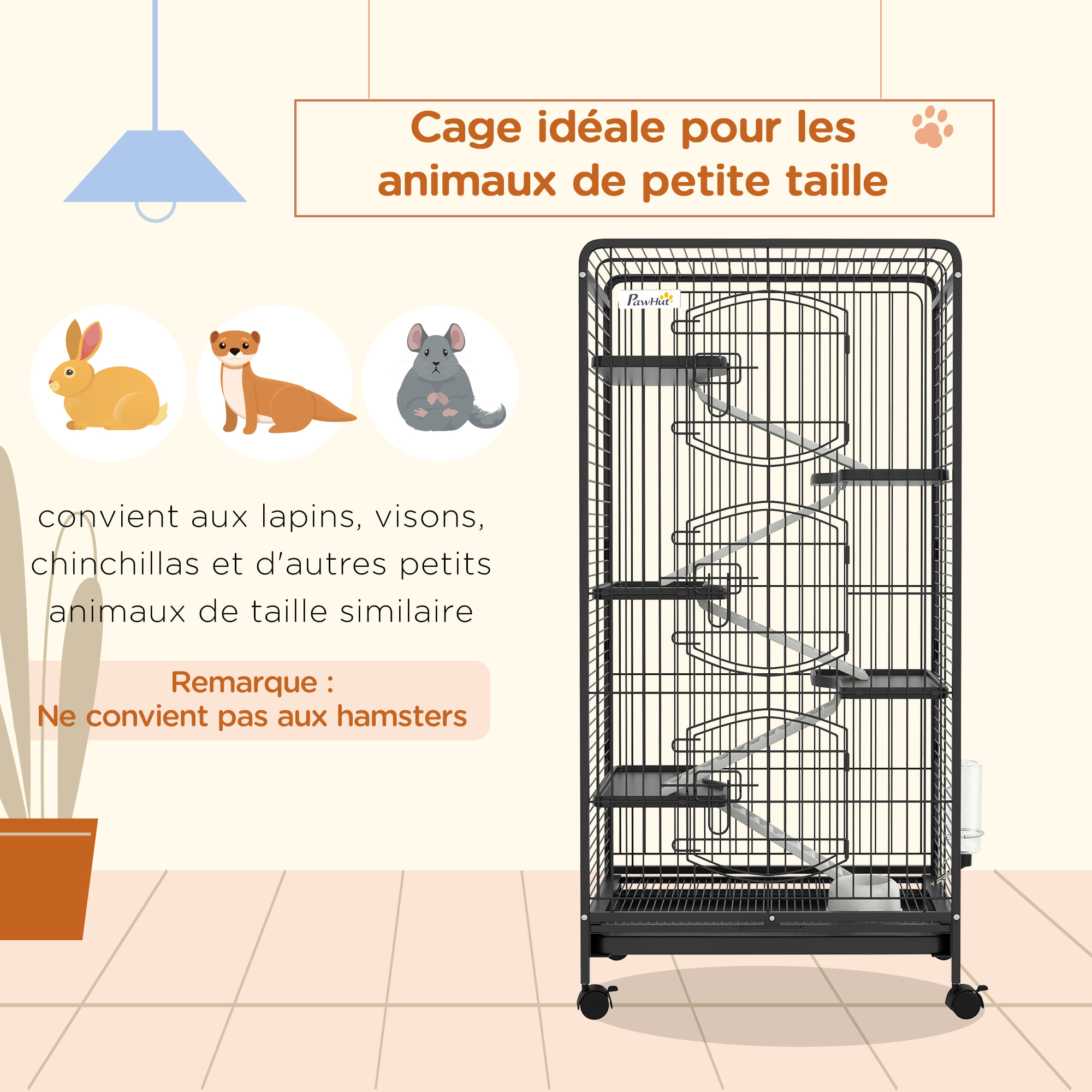 Cage pour petits animaux roulante 5 rampes 5 plateformes gamelle distributeur eau plateau amovible métal PP noir